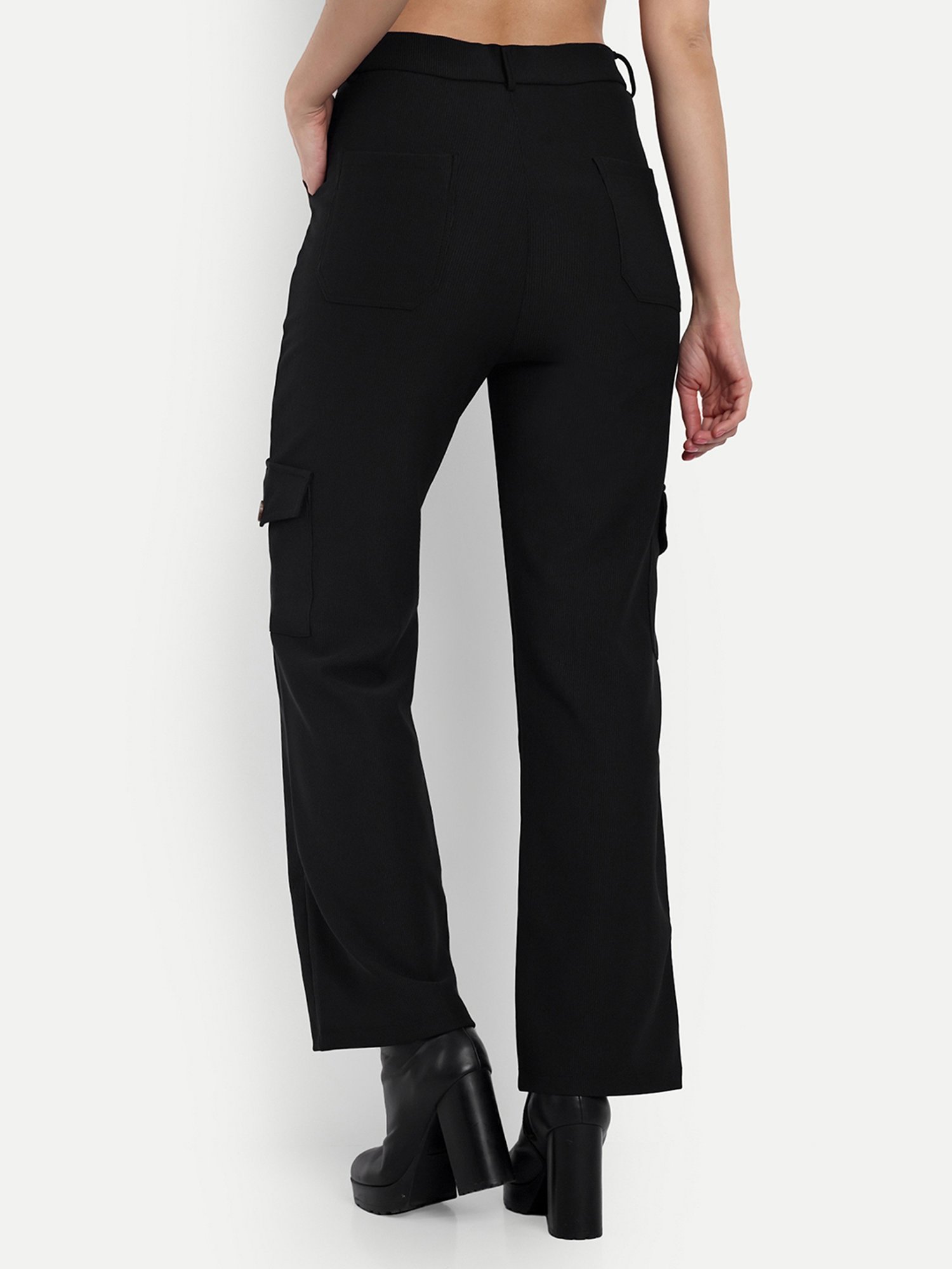 Broadstar Black Cotton Straight Fit High Rise Cargo Pants