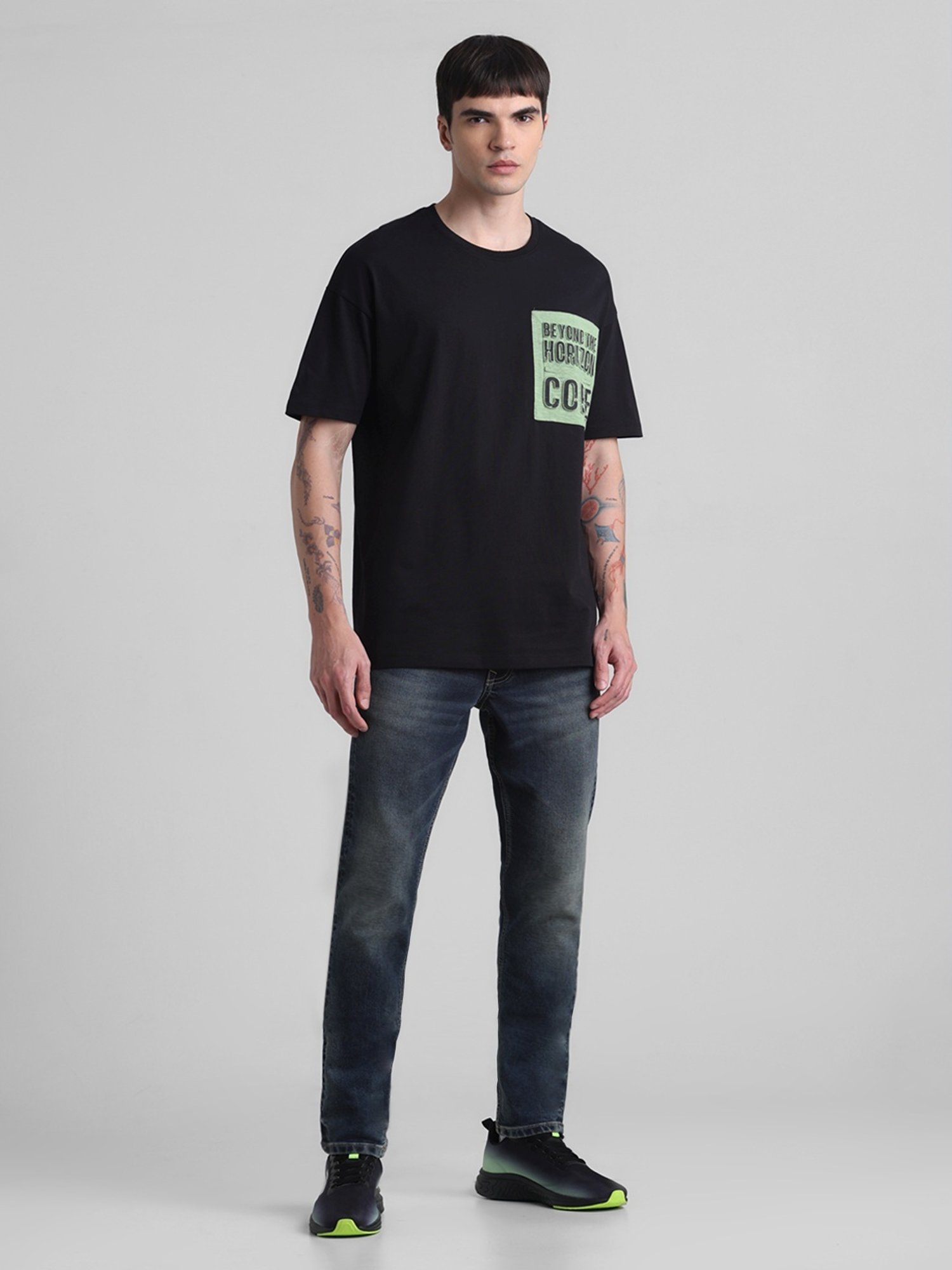 Jack & Jones Jet Black Cotton Boxy Fit Printed T-Shirt