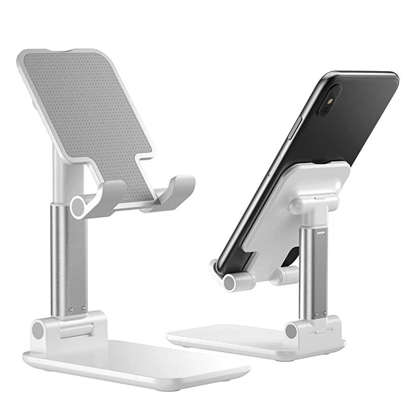 Phone Stand Foldable Portable Desktop Stand Adjustable Height and Angle Phone Holder for Desk Sturdy Aluminum Metal Stand Compatible with SmartphoneiPadKindleTablet White