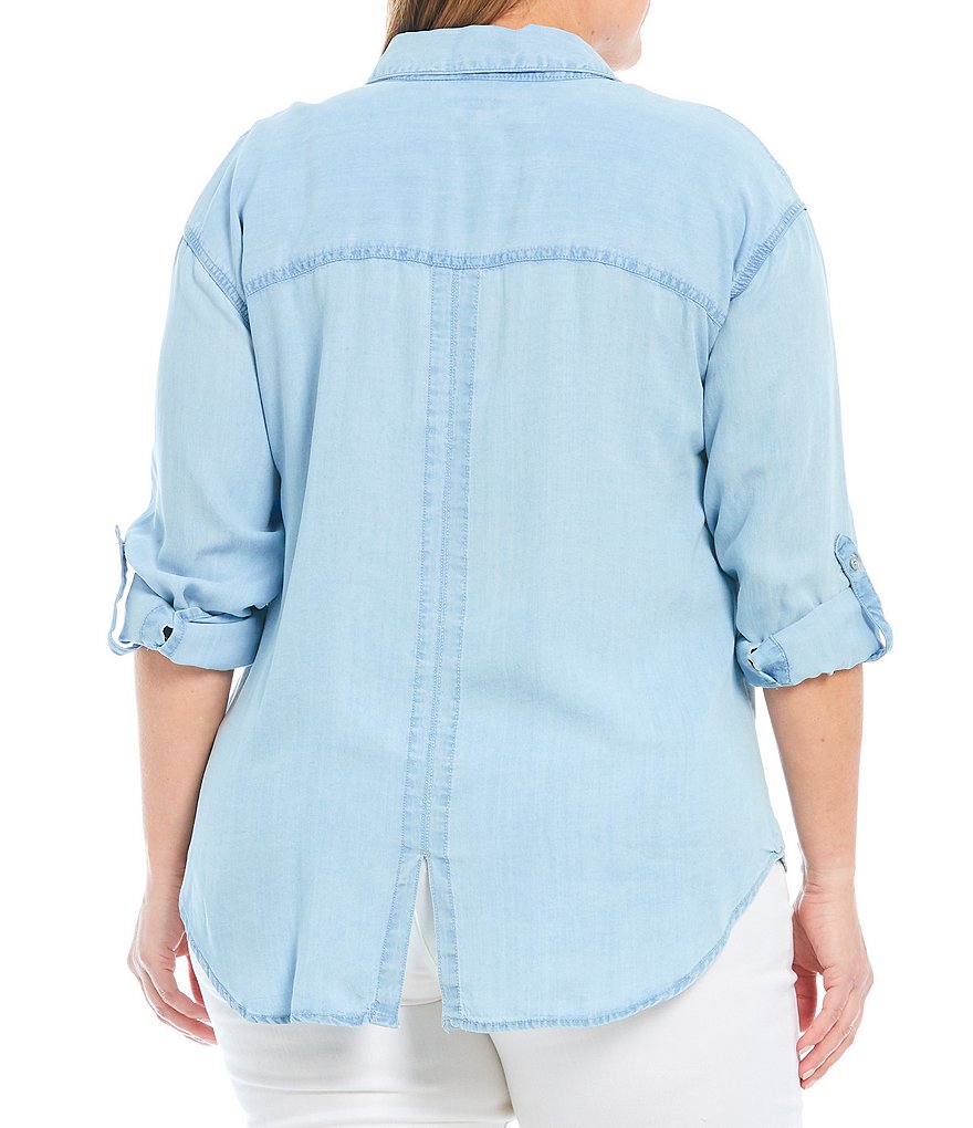 Westbound Plus Size Indigo Button Down Point Collar Roll-Tab Long Sleeve Button Front Shirt