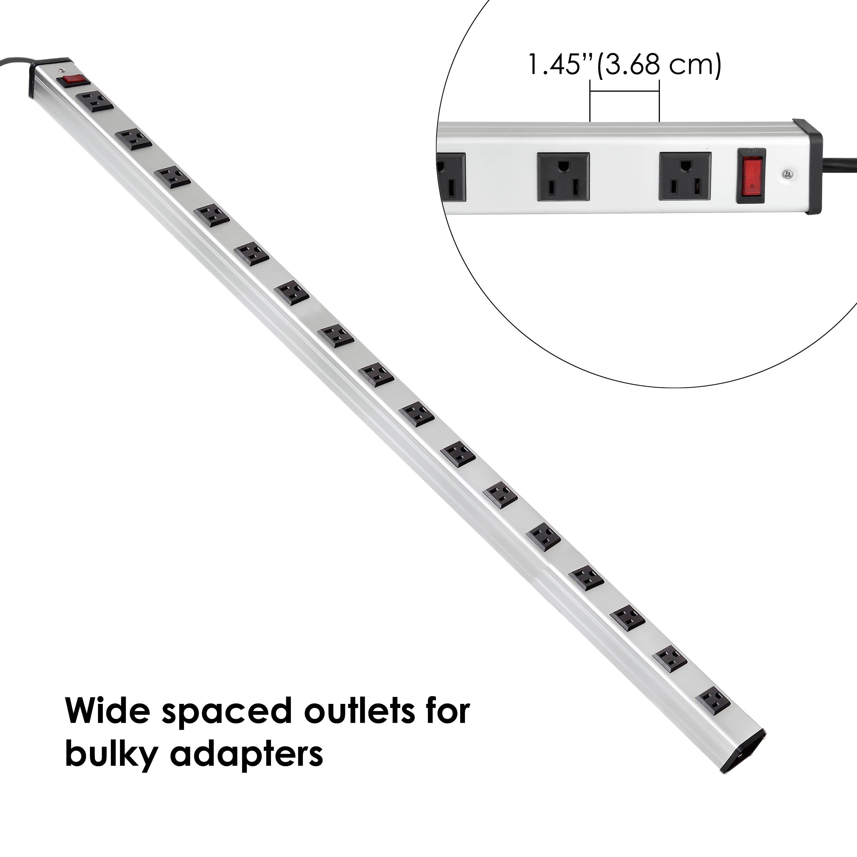 BESTTEN 12-Foot 16-Outlet Heavy Duty Aluminium Alloy Metal Power Strip, Ultra Long Extension Power Cord, 15A ON/Off Circuit Breaker, Mounting Brackets Included, UL Certified, Silver