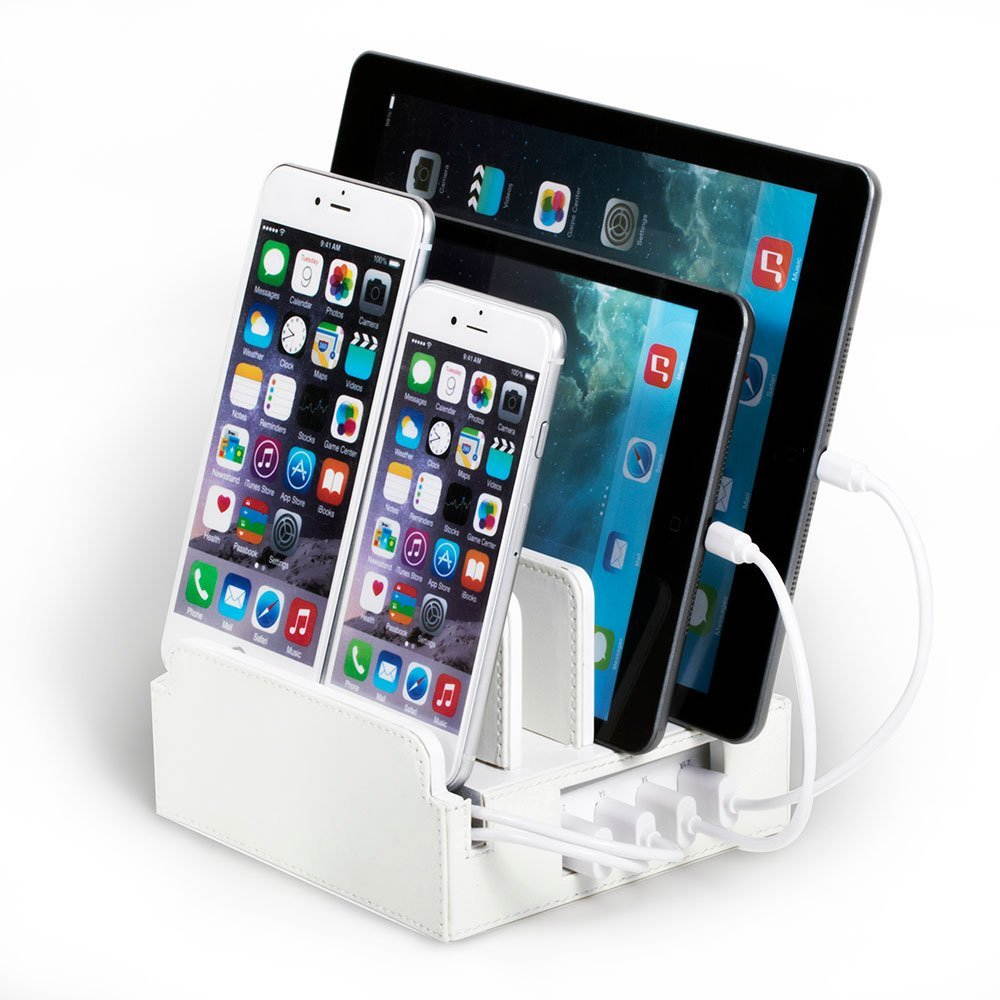 Compact Universal Desktop Cell Phone & Tablet/eReader/Kindle Charging Station, with Set of Cable Ties. Multiple Finishes Available - Black Leatherette