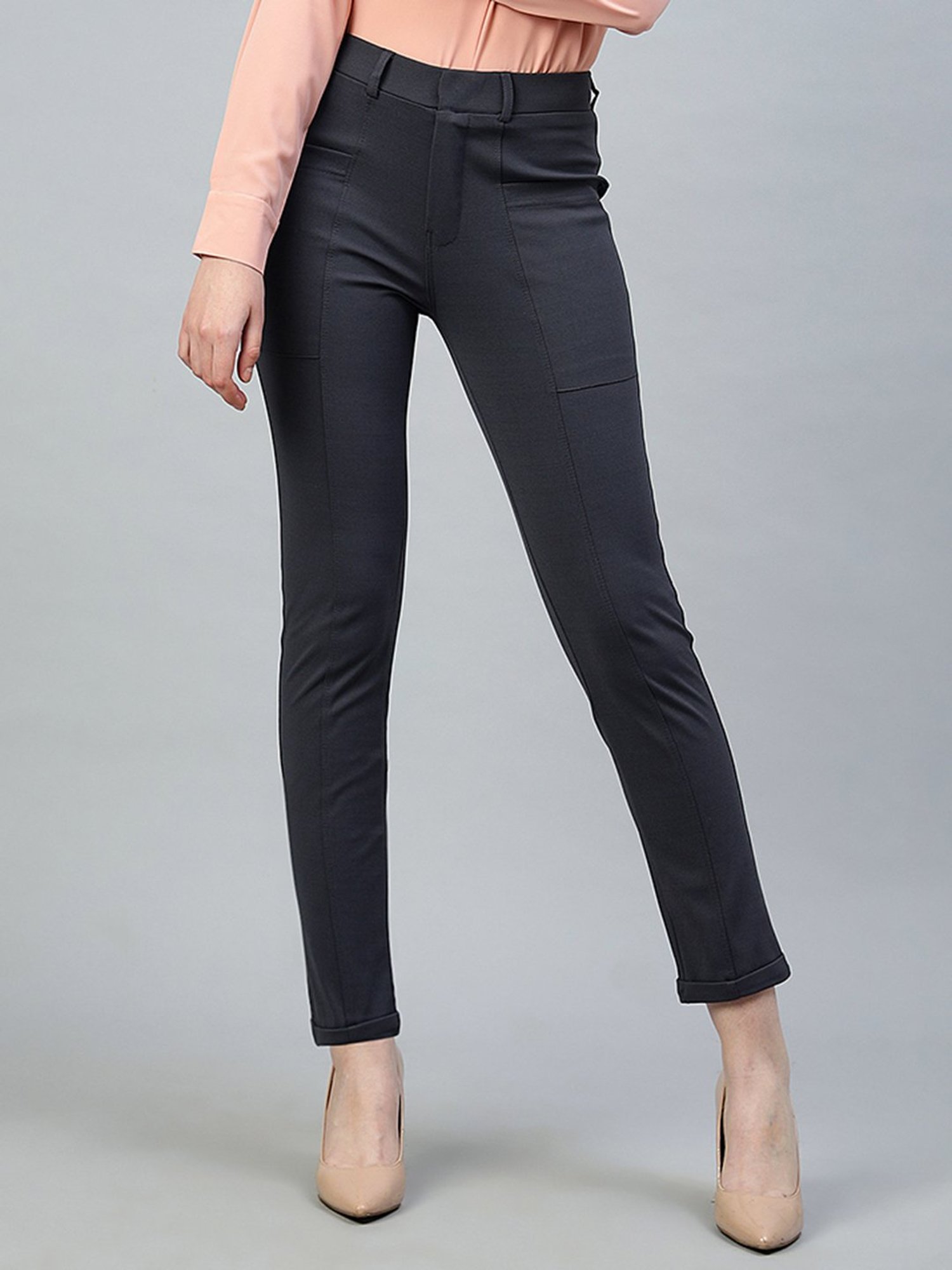 FITHUB Dark Grey Slim Fit Mid Rise Trousers