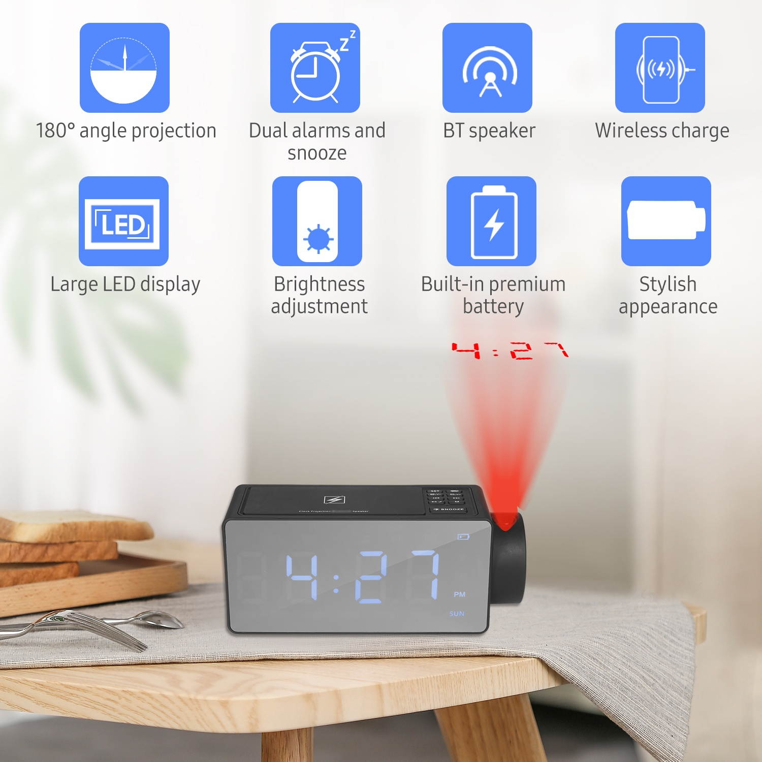 Projection Alarm Clock with BT Speaker 180&deg;Projector Wireless Charging Dual Alarms Snooze Large Mirror LED Display Dimmer for Bedroom Office