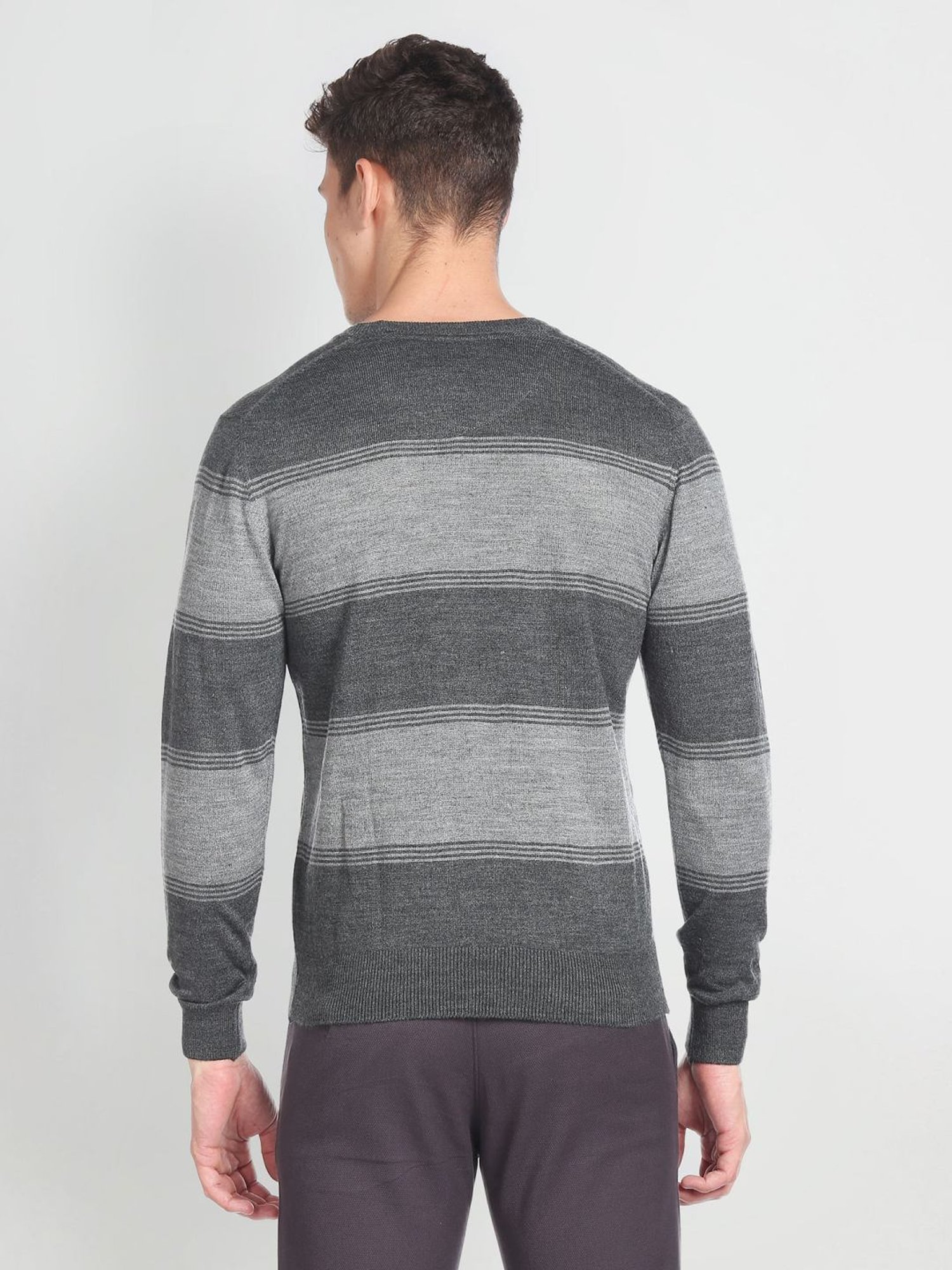 Arrow Sport Grey Regular Fit Striped Sweater