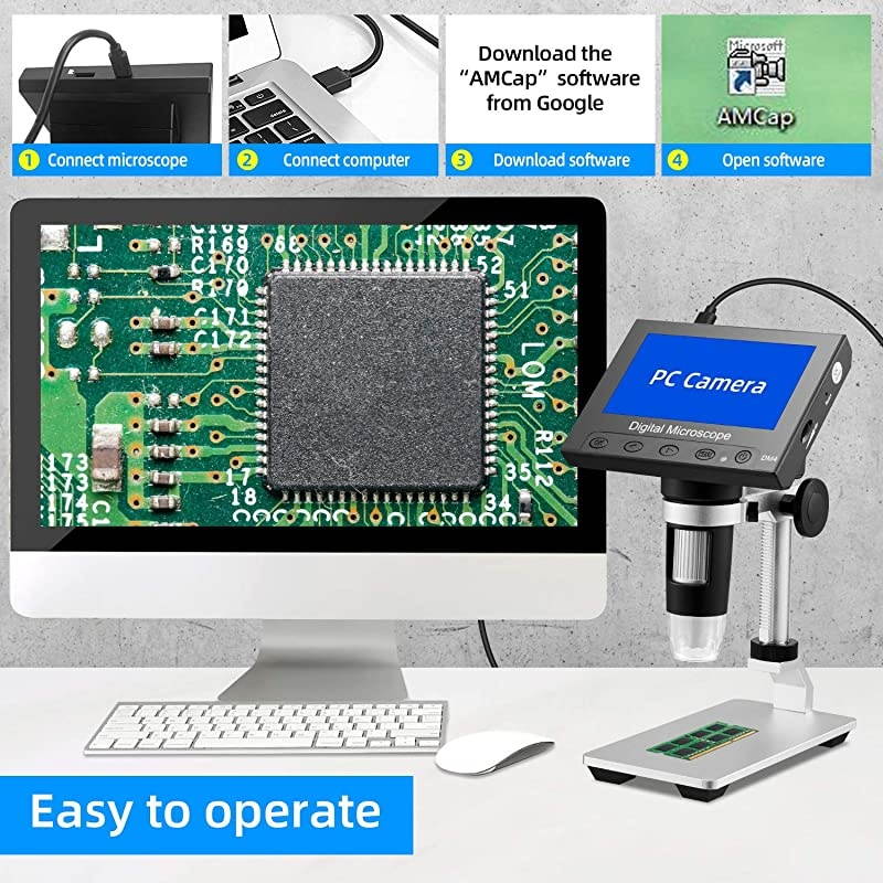 LCD Digital USB Microscope 4.3 Inch 10X-1000X Magnification Zoom, 8 LED Adjustable Light, Rechargeable Lithium Battery Camera Video Recorder for Phone Repair Soldering Tool Children Lab Edu