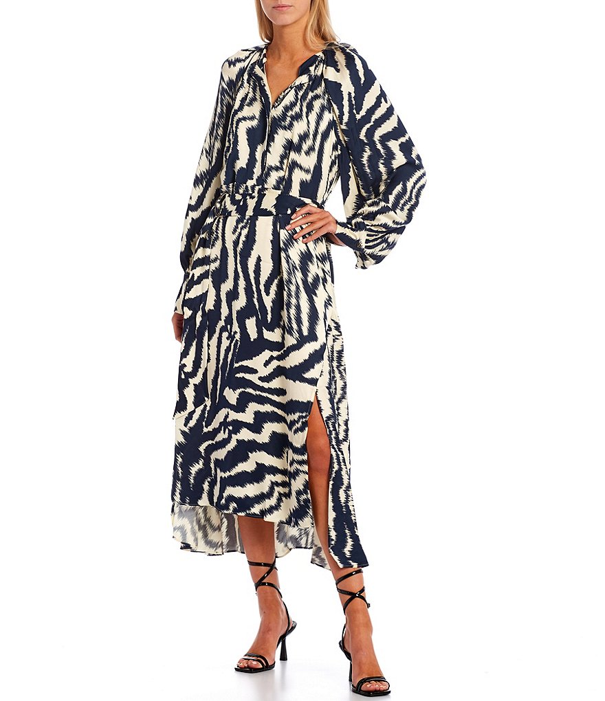 Ted Baker London Sandiia Zebra Print Split V-Neck Blouson Sleeve Belted Midi Dress