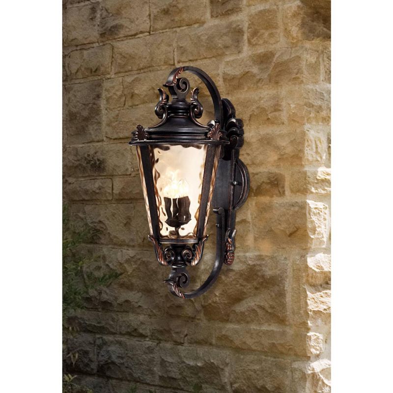 John Timberland Traditional Outdoor Wall Fixture Veranda Bronze Ornate Scroll 36" Champagne Hammered Glass for Exterior Porch