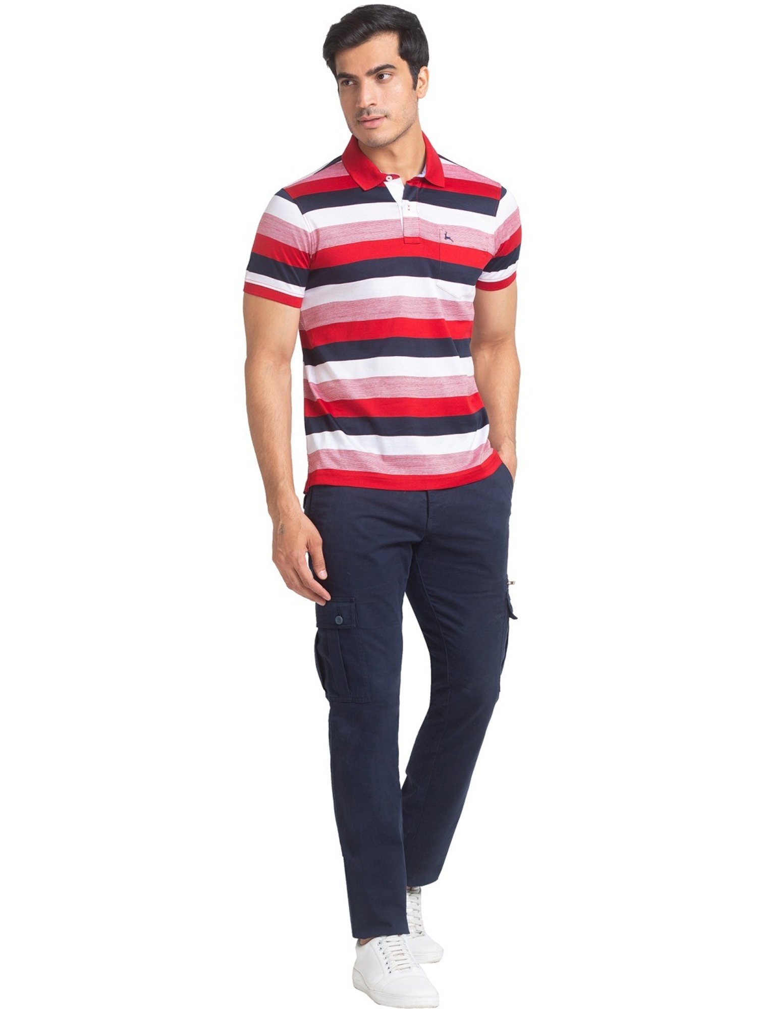 Parx Red Pure Cotton Regular Fit Striped Polo T-Shirt