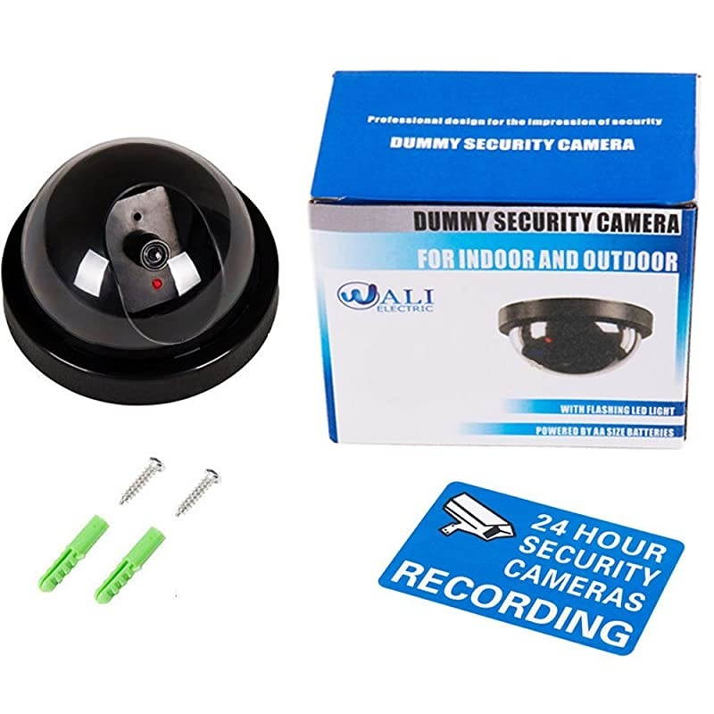 Dummy Fake Security CCTV Dome Camera with Flashing Red LED Light With Security Alert Sticker Decals SD1 Black