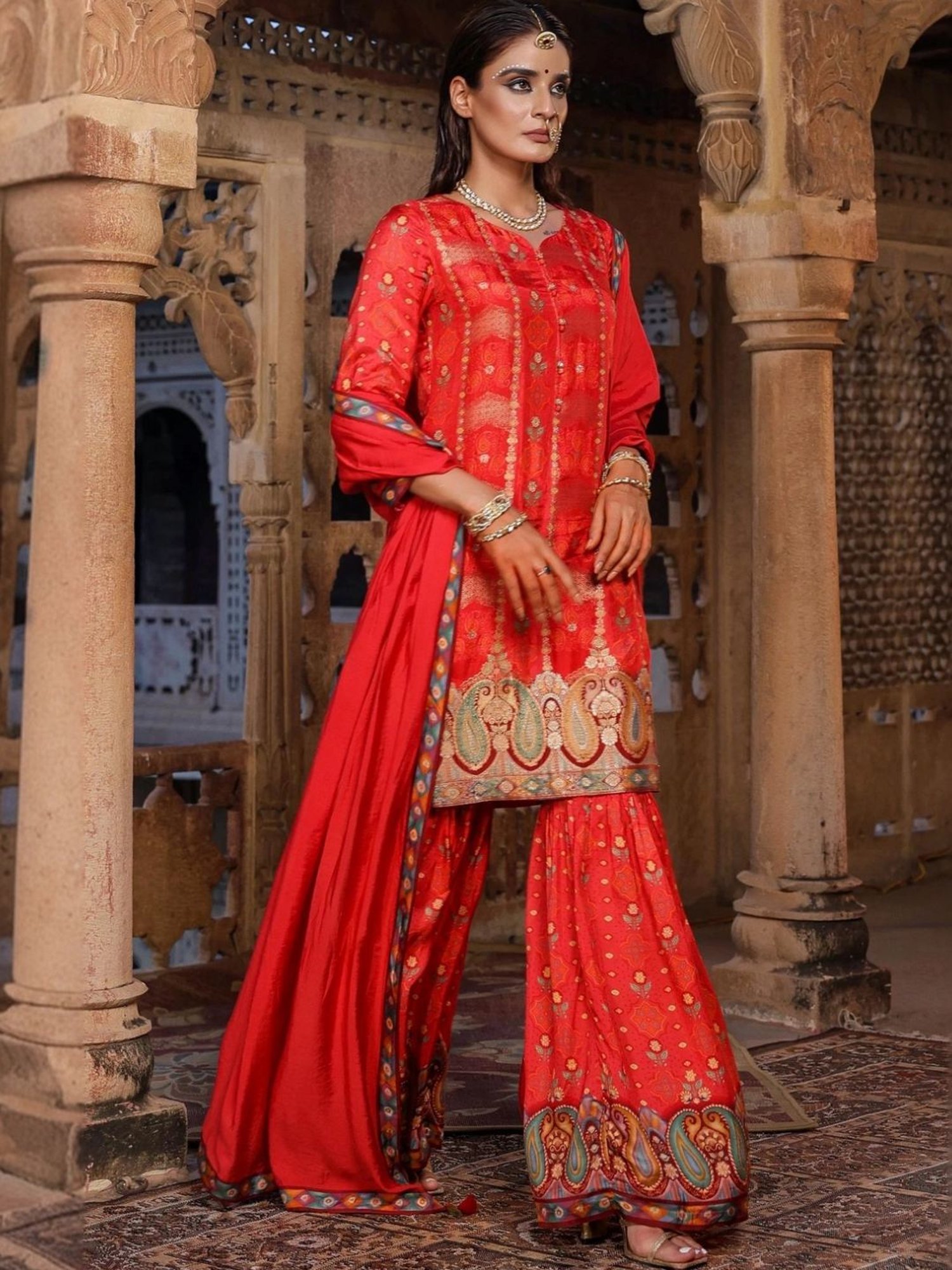 Scakhi Red Dola Silk Jacquard Sharara Set Tunic With Sharara And Dupatta