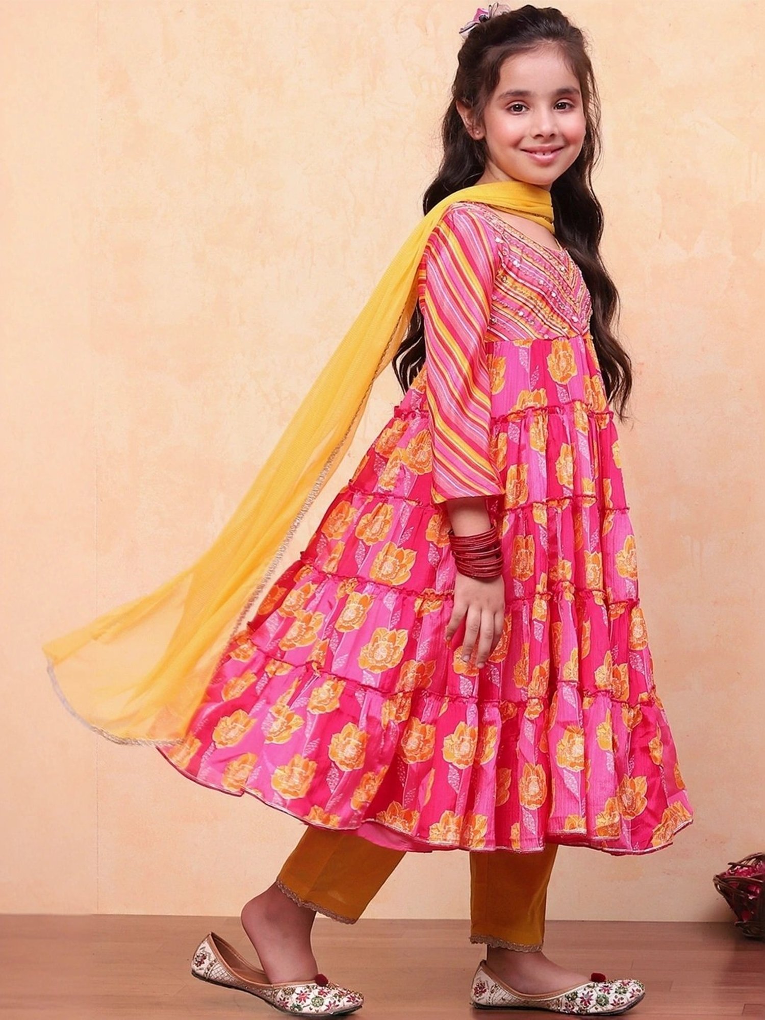 Biba Girls Pink Embellished Kurta set