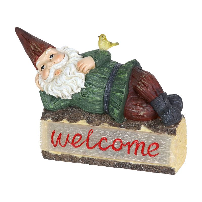 14" Solar Gnome On Welcome Log Resin Statue Green - Exhart