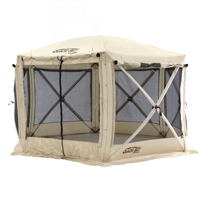 CLAM Quick-Set Pavilion 12.5 x 12.5 Foot Portable Pop-Up Outdoor Camping Gazebo Screen Tent 6 Sided Canopy Shelter with Ground Stakes & Carry Bag, Tan