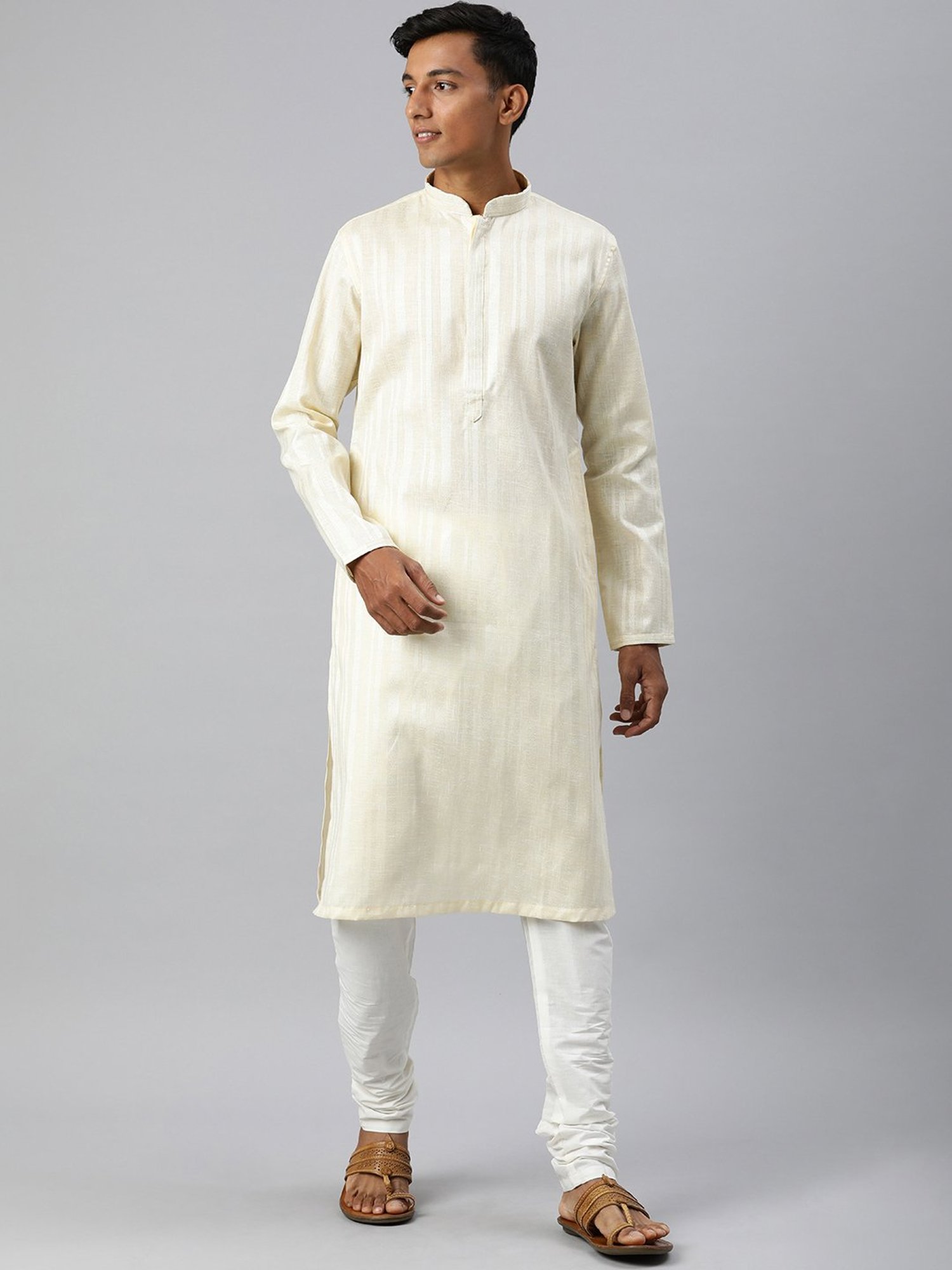 Manthan Cream & White Regular Fit Self Design Kurta & Churidar Set