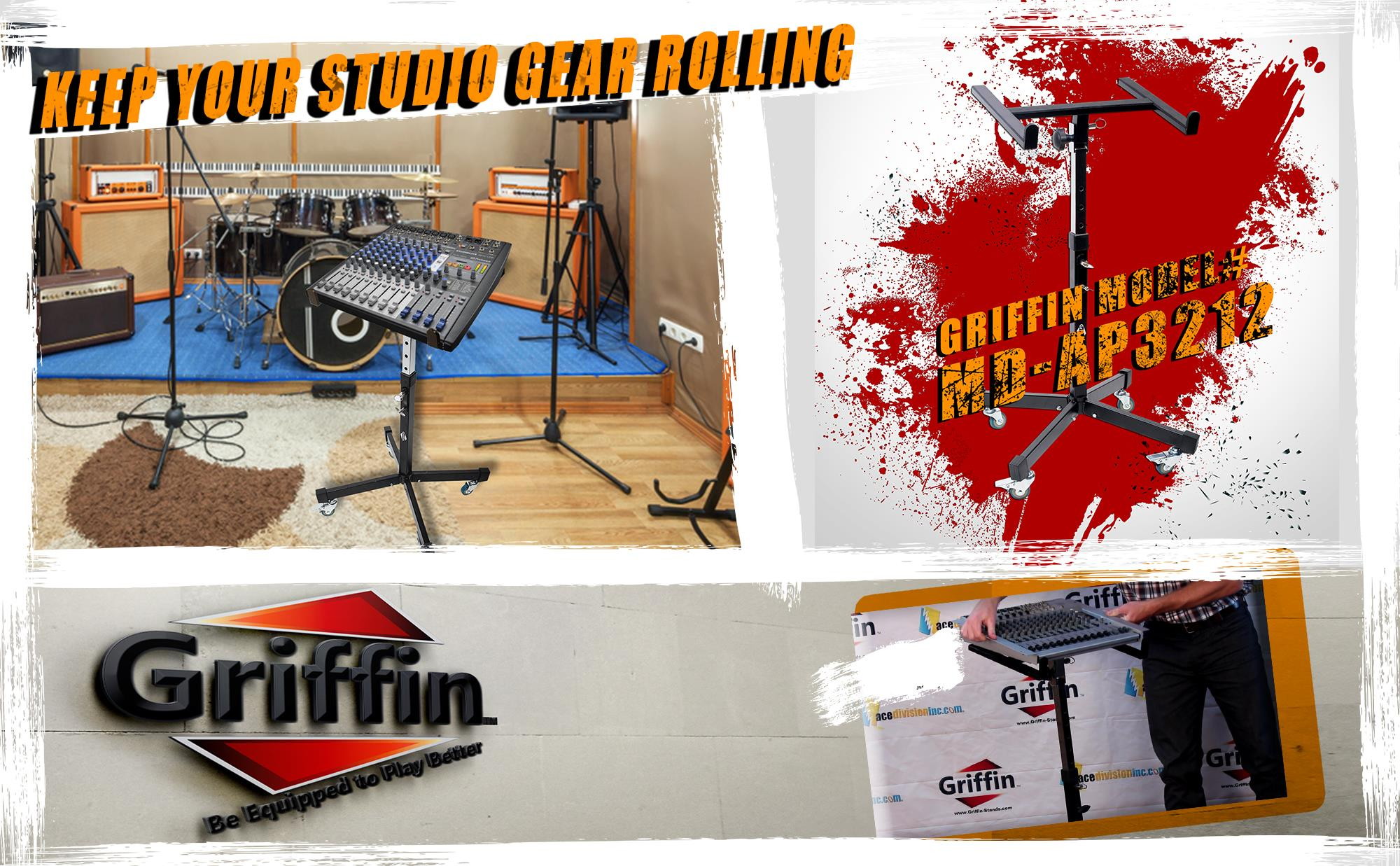 mobile studio mixer stand dj cart by griffin | rolling standing rack on casters with adjustable height|portable turntable | protect your digital audio gear and music equipment|heavy duty construction