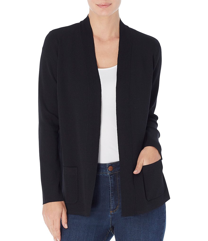 Jones New York Rib Trim Open-Front Long Sleeve Cardigan with Patch Pockets