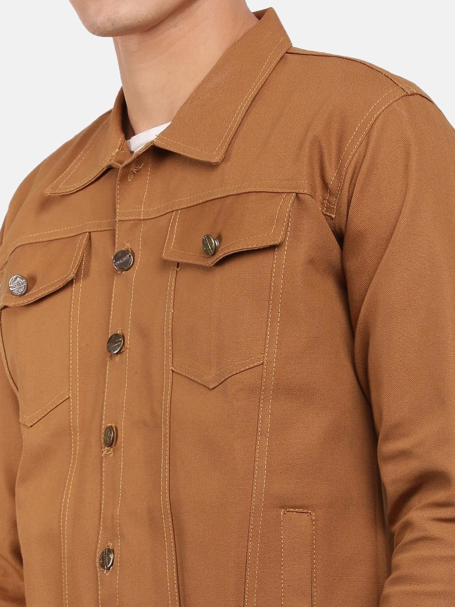 VOXATI Brown Full Sleeves Shirt Collar Denim Jacket