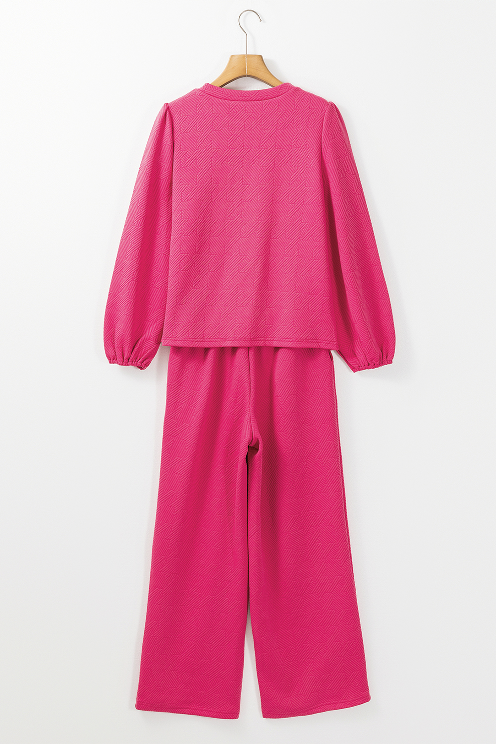 Rose Red Textured Puff Sleeve Top and Pants Set