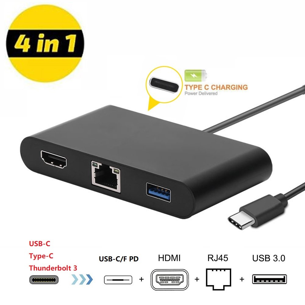 4 in 1 Type-C to HDMI PD Gigabit LAN USB3.0 Converter 4-in-1 USB C HUB, Support 1000Mbps Ethernet, PD 60W Quick Charging and 4K UHD Video Output for Galaxy S8/S9/S10/S20, New MacBook ChromeBook.