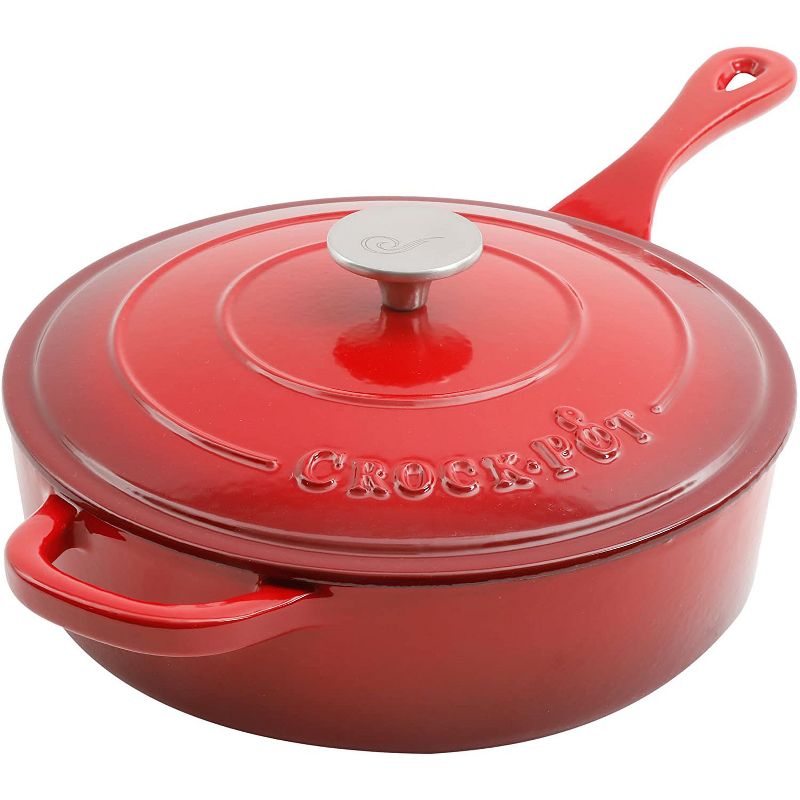 Crock-Pot Artisan 3.5 Quart Deep Low Maintenance Nonstick Enameled Cast Iron Cooking Saute Pan with Innovative Self Basting Lid, Red