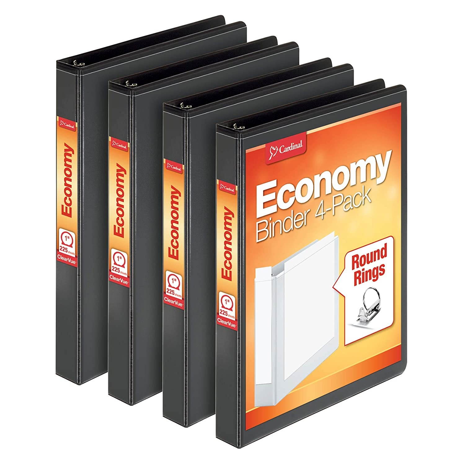 Cardinal 3 Ring Binder, 1 Inch, Round Ring, Black, 4 Pack, Holds 225 Sheets (79512)