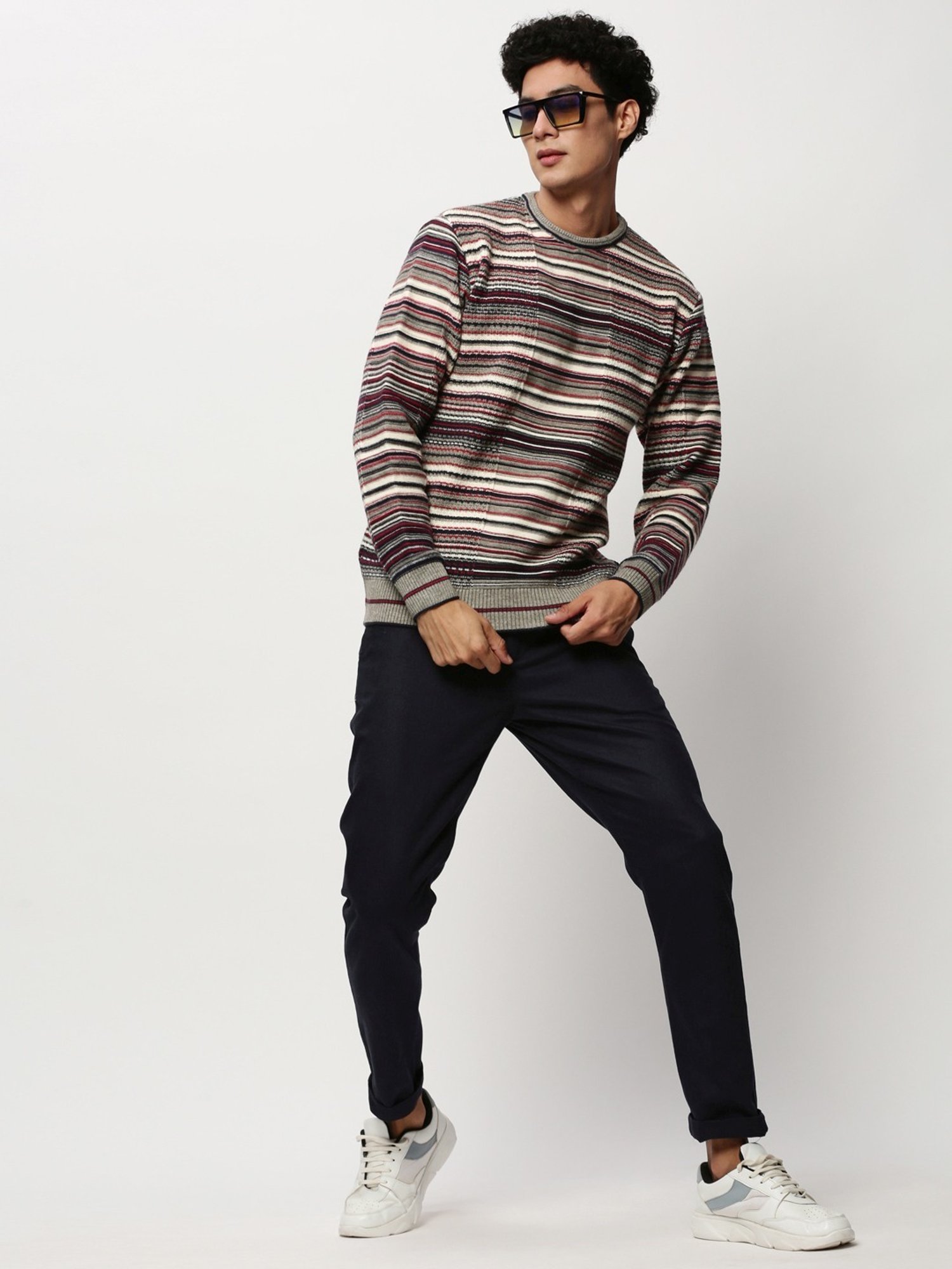 SHOWOFF Grey Slim Fit Self Pattern Sweater