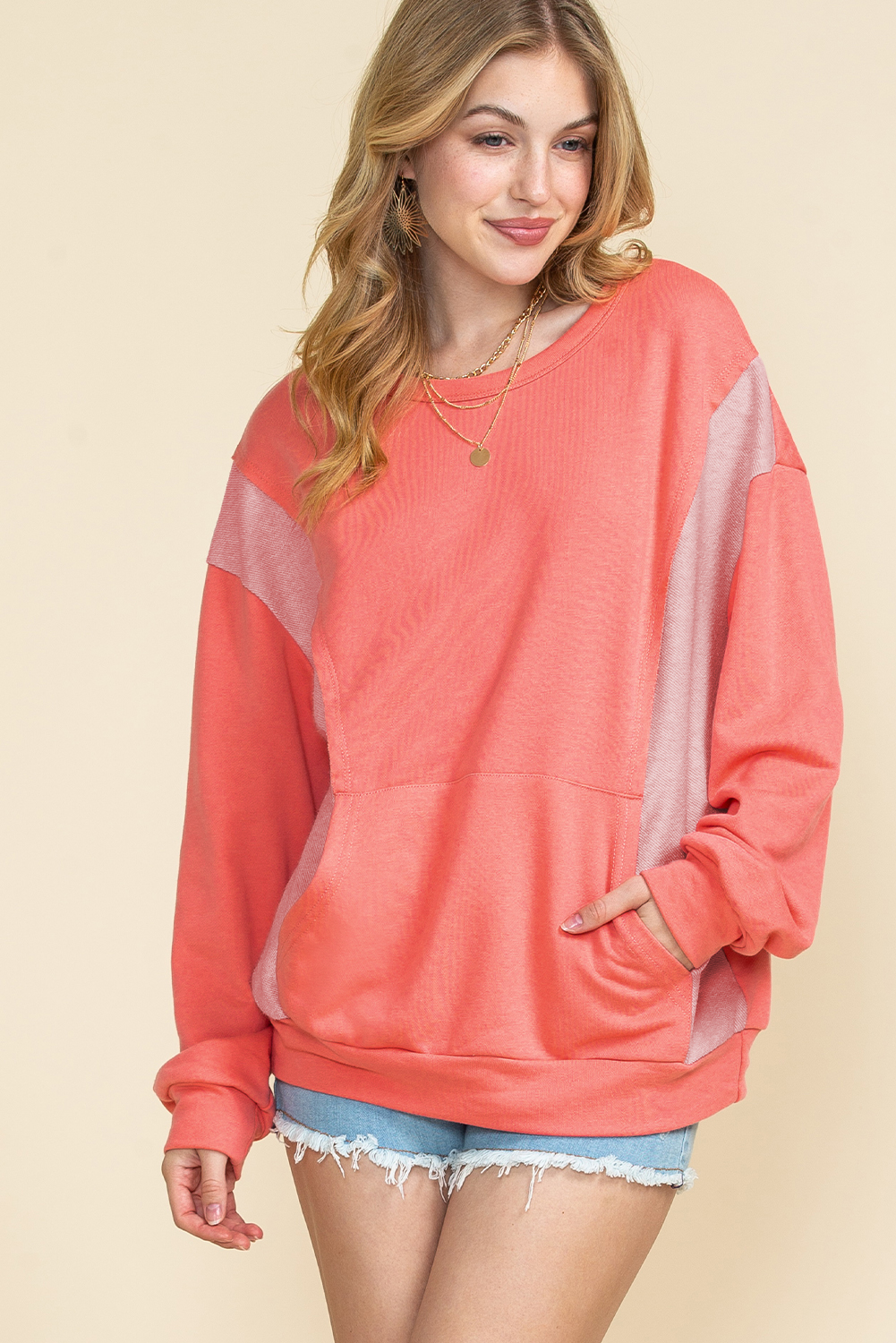 Red Colorblock Exposed Seam Patchwork Sweatshirt