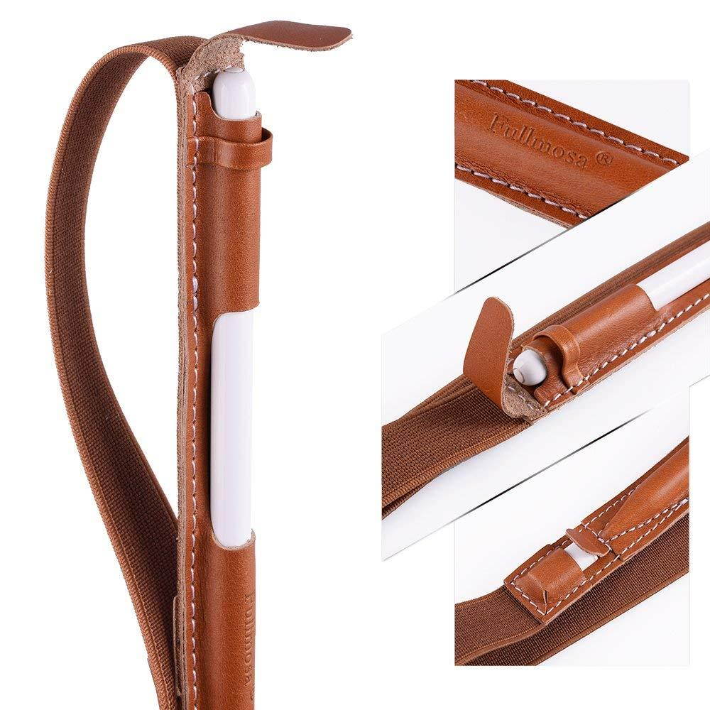 Fullmosa 4 Colors for Apple Pencil Holder, Genuine Leather Apple Pencil Sleeve with USB pocket Handmade Compatible with iPad Pro 12.9" Cases, Brown