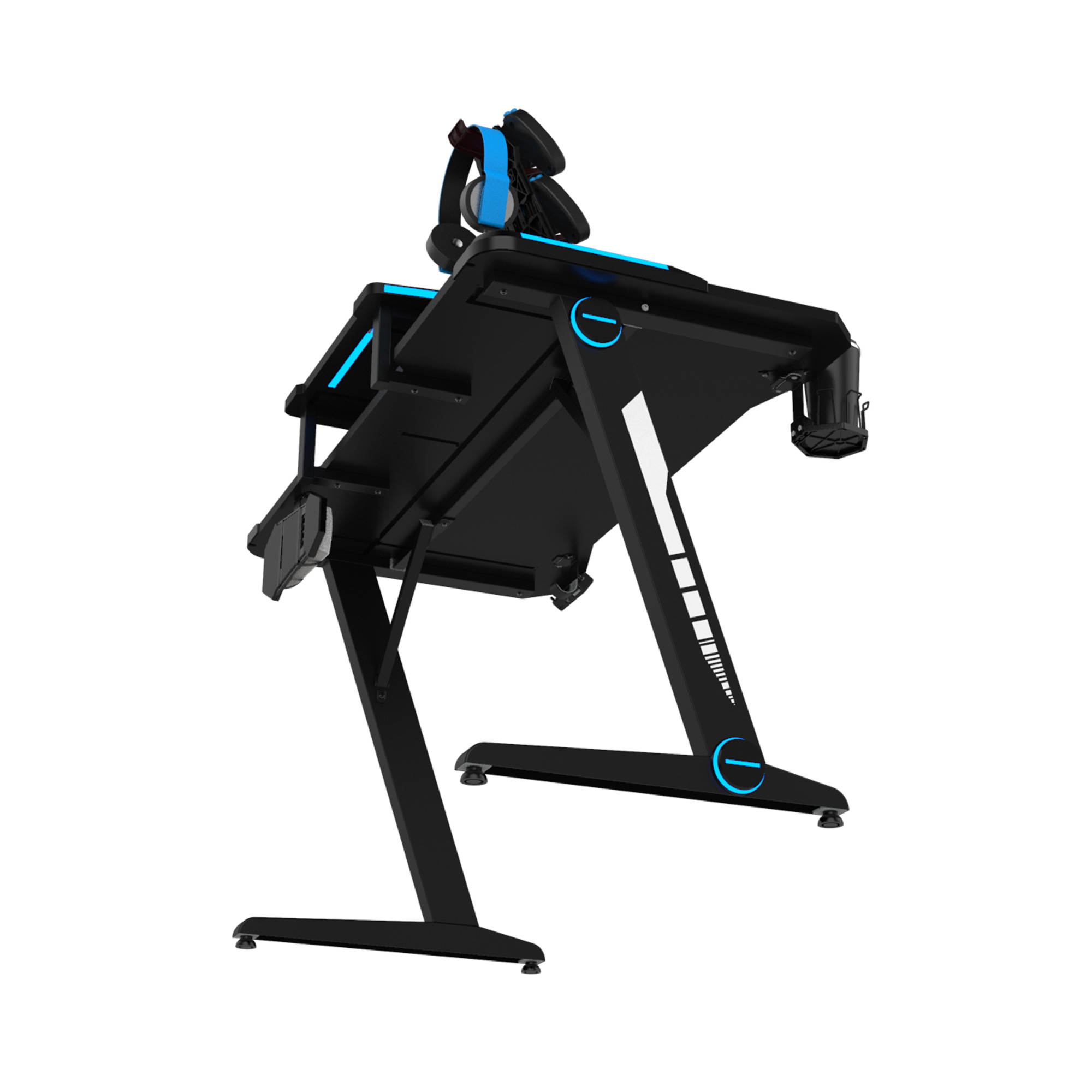 UHOMEPRO Gaming Desk, Premium Home Office PC Computer Table for Gamer Pro, Black Gaming Desks Workstation with RGB LED Lights, Cup Holder, Monitor riser, Headphone Hook, and 1 Cable Management Holes