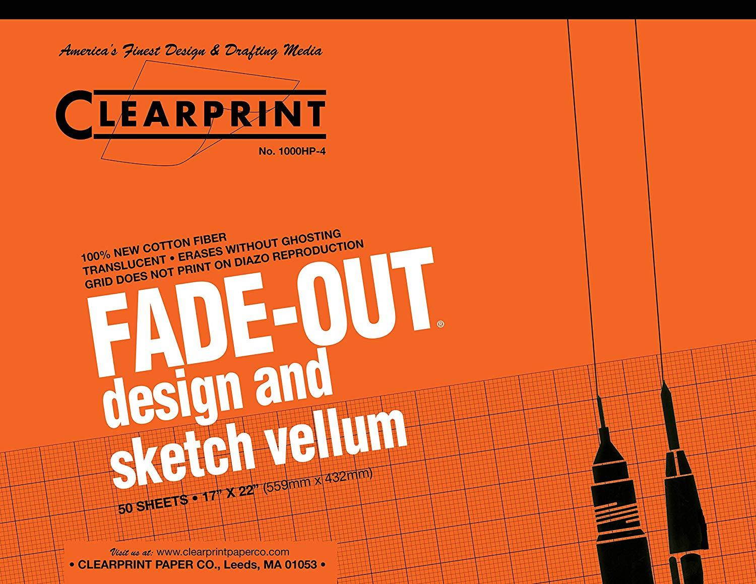 Clearprint 1000H Design Vellum Pad with Printed Fade-Out 4x4 Grid, 16 lb, 100% Cotton, 17 x 22 Inches, 50 Sheets, Translucent White, 1 Each (10004420)