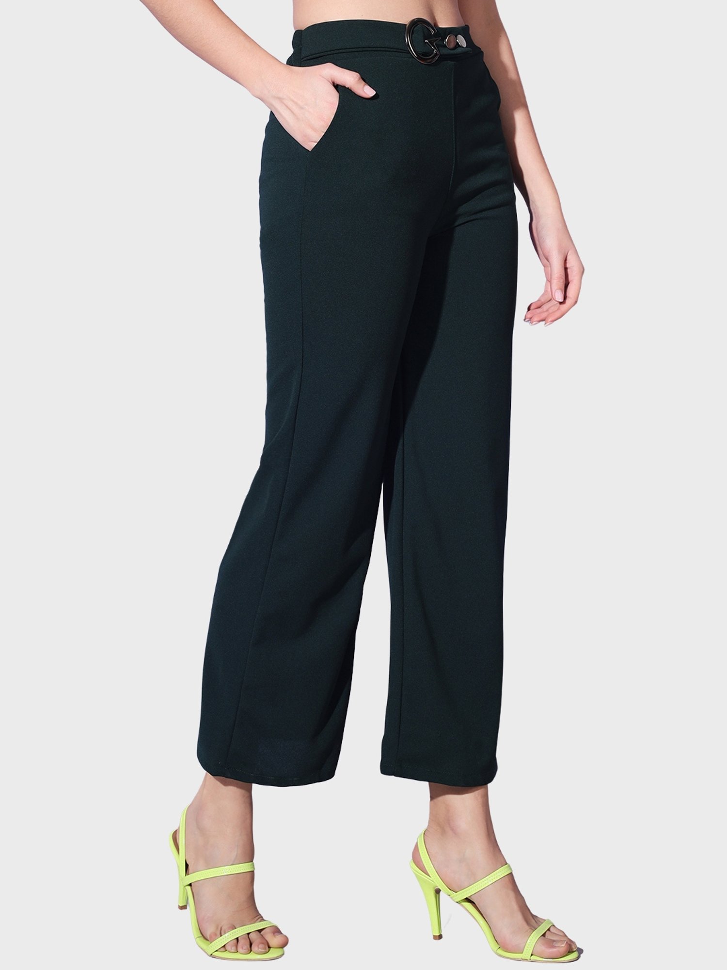 BUYNEWTREND Bottle Green Mid Rise Trousers