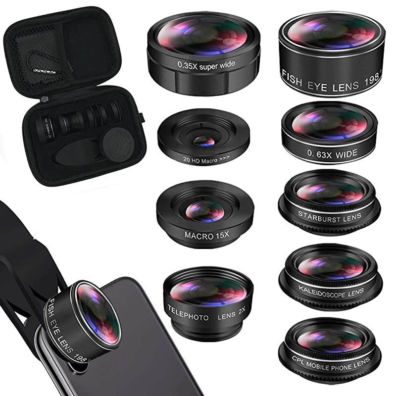 Lens Kit Phone Camera Lens 9 in 1 Zoom Telephoto Lens+198&deg; Fisheye +035X Super WideAngle + 20X Macro Lens + 063X Wide Lens + CPL +Kaleidoscope Lens +Starburst for Samsung Android Smartphone