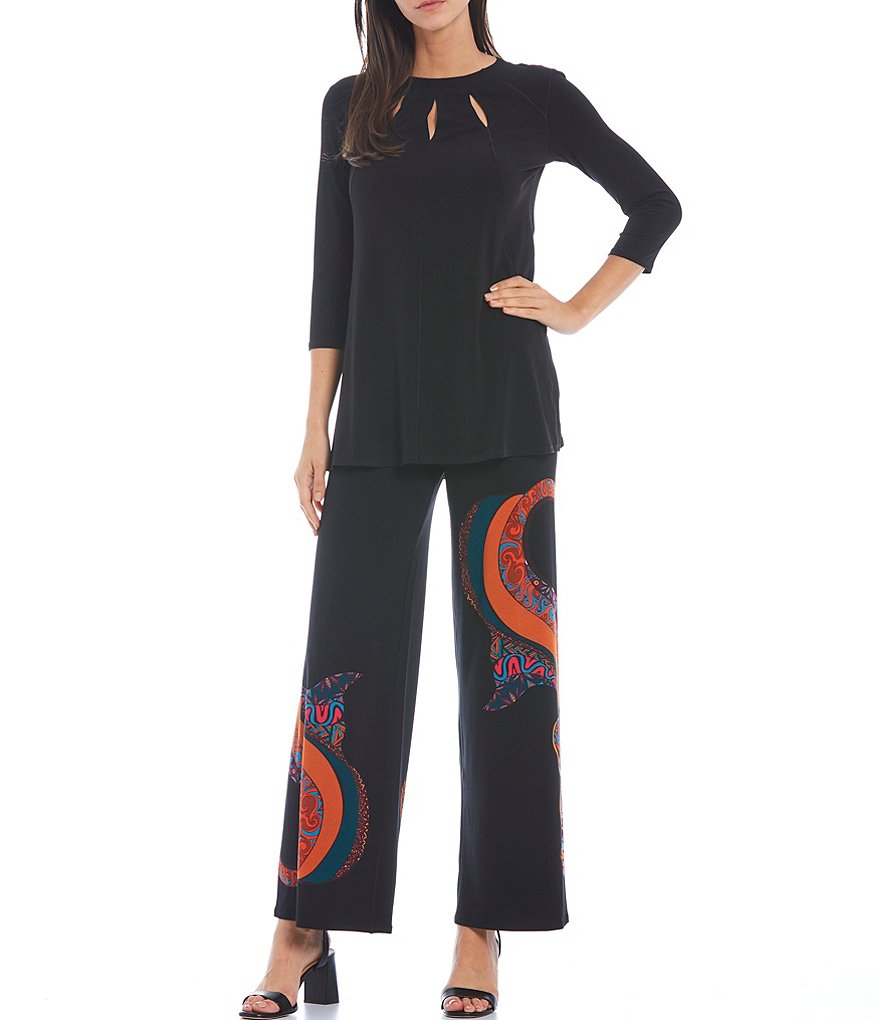 Eva Varro Fish Placement Print Wide Leg Coordinating Pull-On Pants