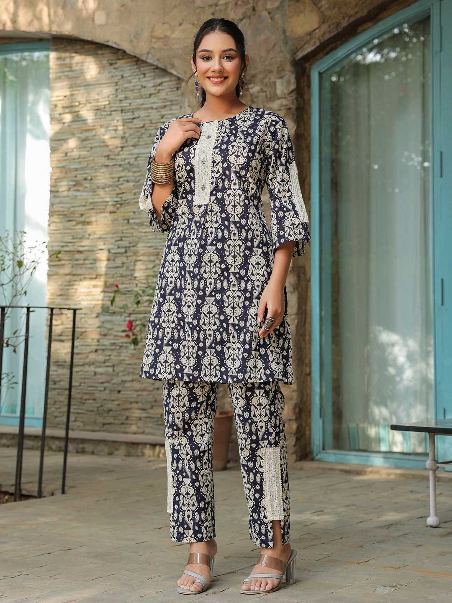 Rain and Rainbow Navy Cotton Printed Kurti & Pant Set