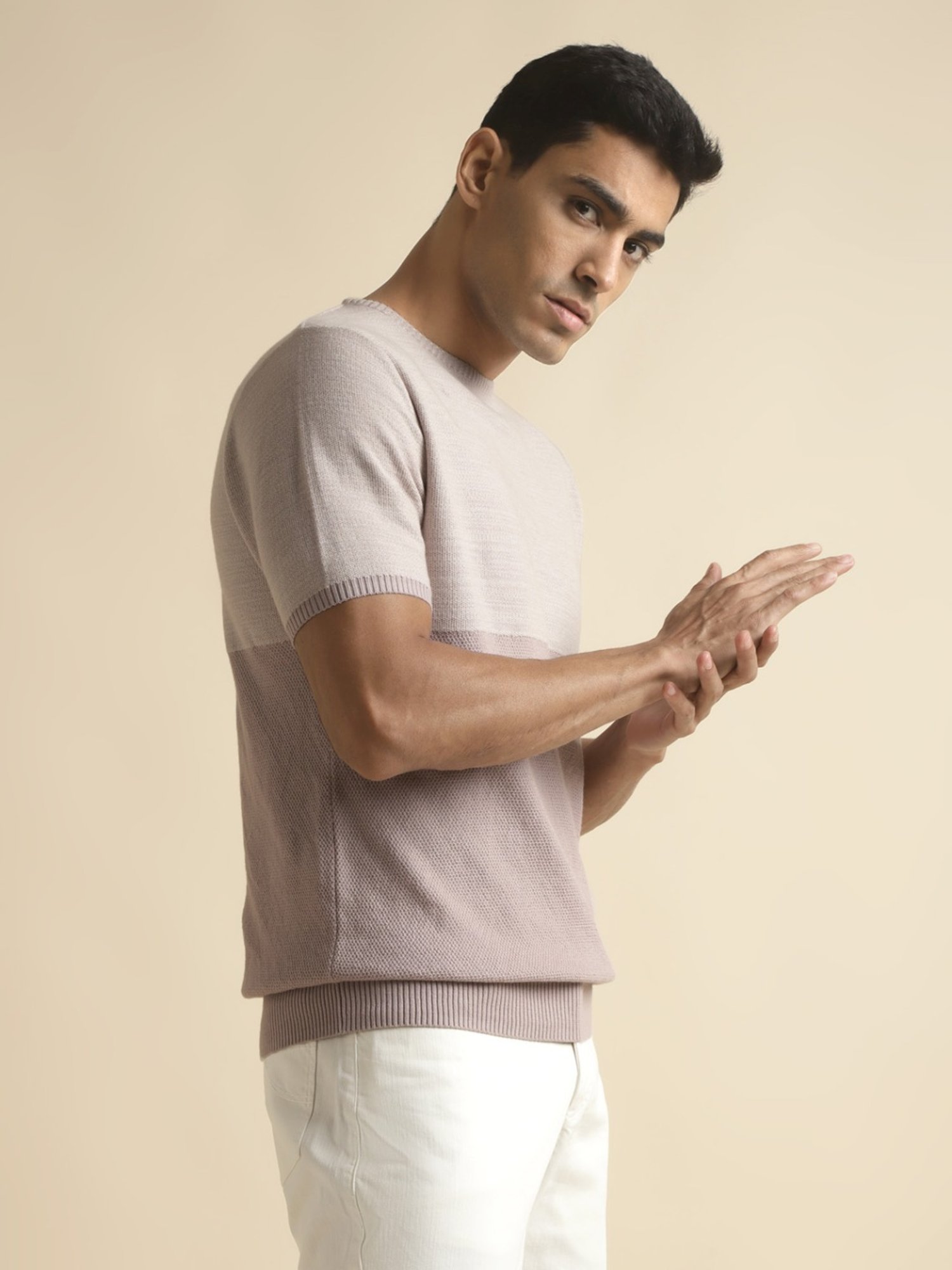 Andamen Grey Cotton Regular Fit Colour Block T-Shirt