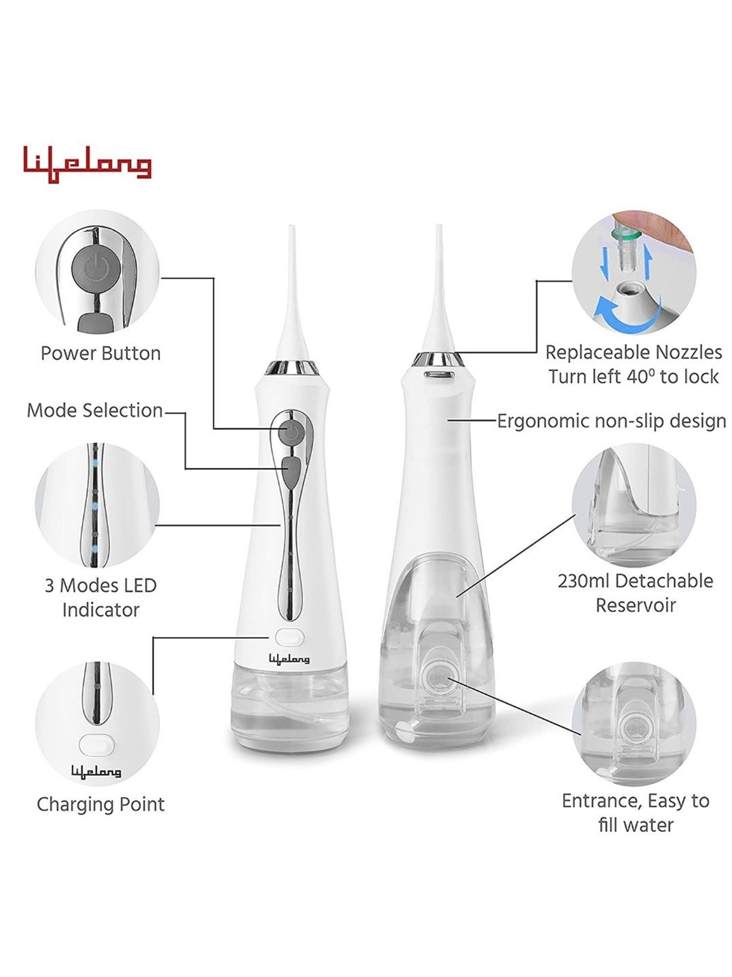 Lifelong LLDC36 Rechargeable Water Teeth Flosser (White)