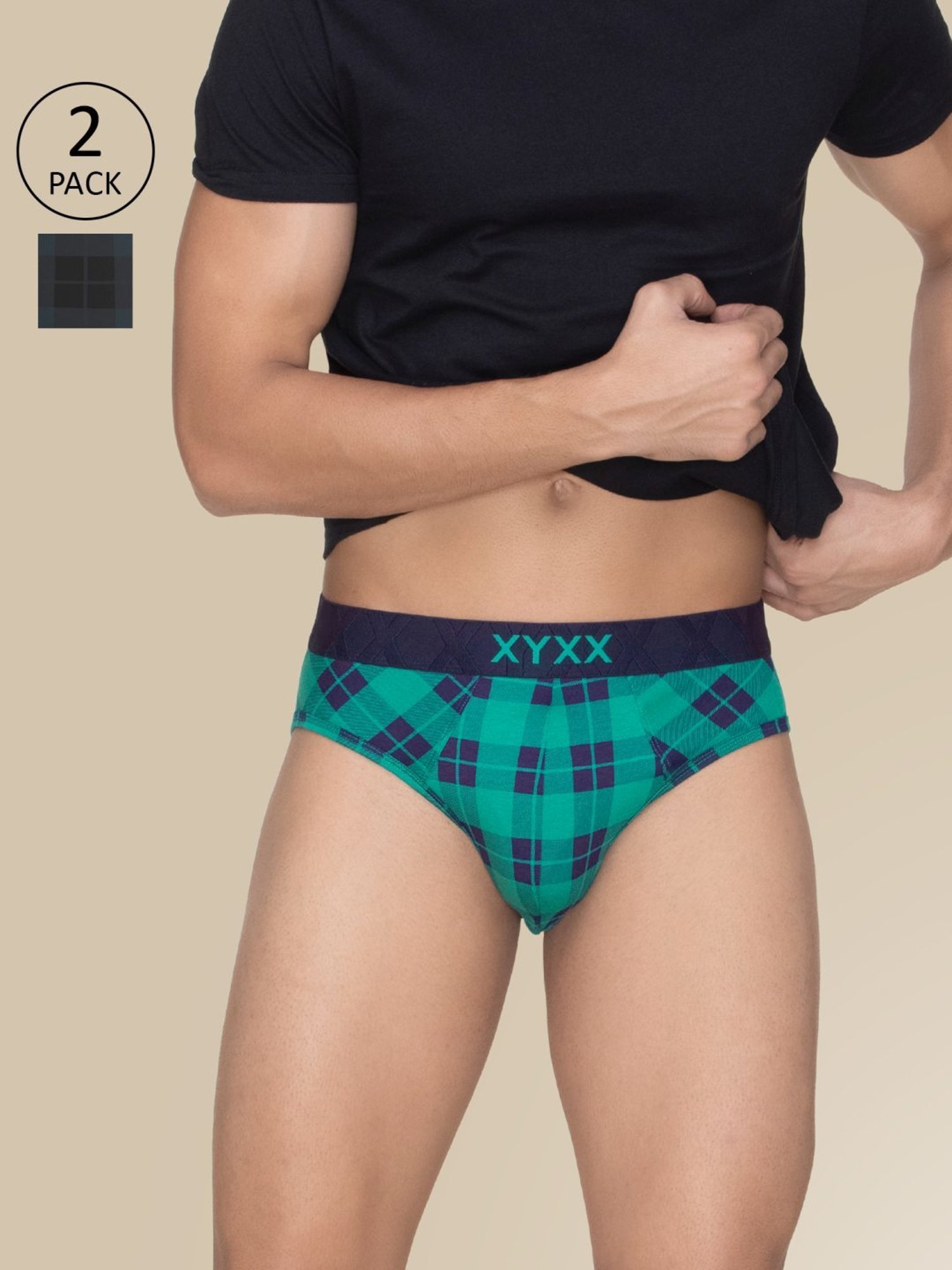 XYXX Charcoal Black & Aqua Green Regular Fit Checks Briefs - Pack Of 2