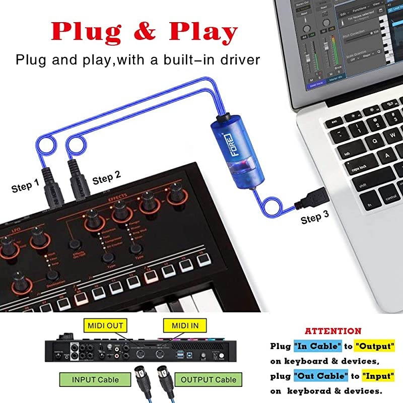 MIDI to USB Interface MIDI Cable Adapter with InputampOutput Connecting with KeyboardSynthesizer for EditingampRecording Track work with WindowsMac OS for Studio USB 20 Color Blue 65Ft