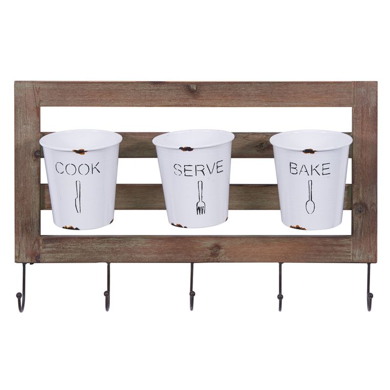 Hanging Storage Utensil with Hooks and Distressed Wood White - Danya B.