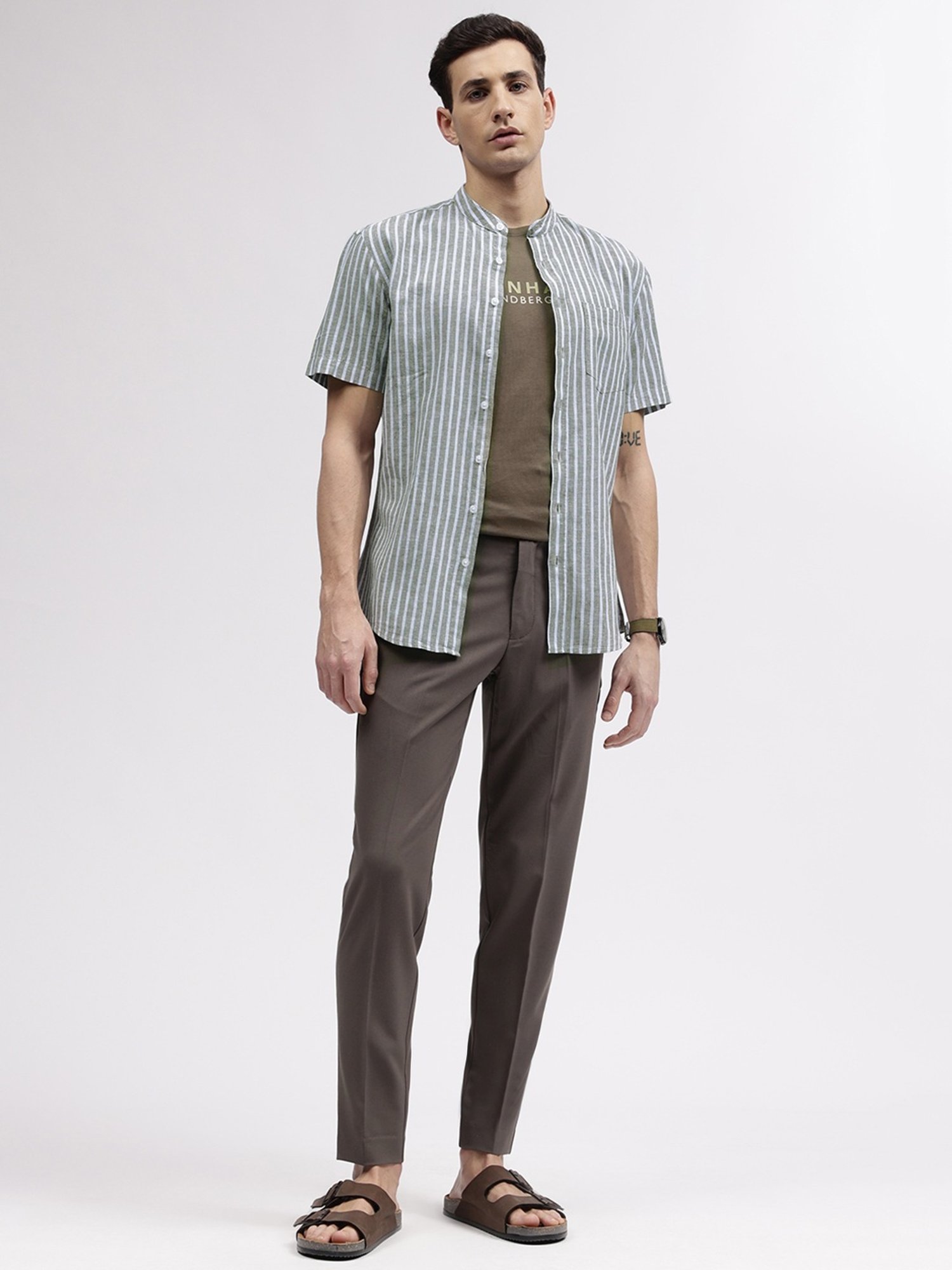 Lindbergh Green Regular Fit Striped Shirt