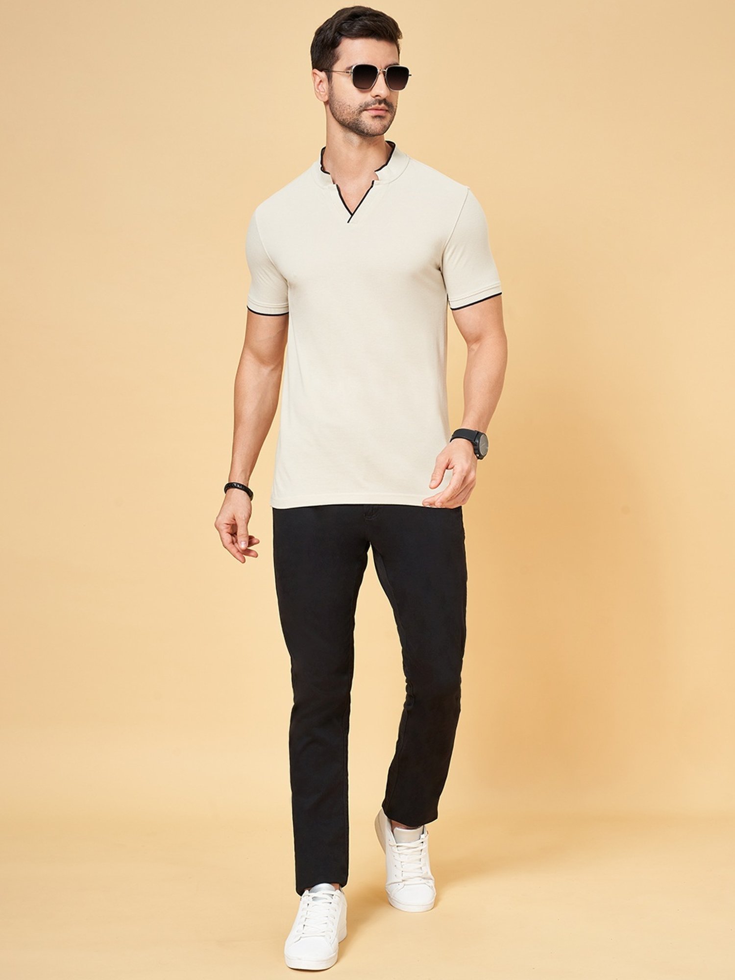 Byford by Pantaloons Beige Cotton Slim Fit T-Shirt