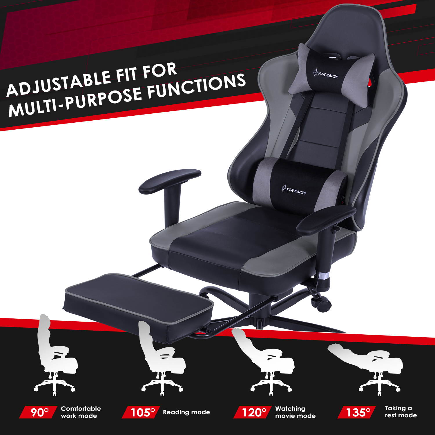 VON RACER Massage Gaming Chair - High Back Racing PC Computer Desk Office Chair Swivel Ergonomic Executive Leather Chair with Footrest and Adjustable Armrests(Grey)