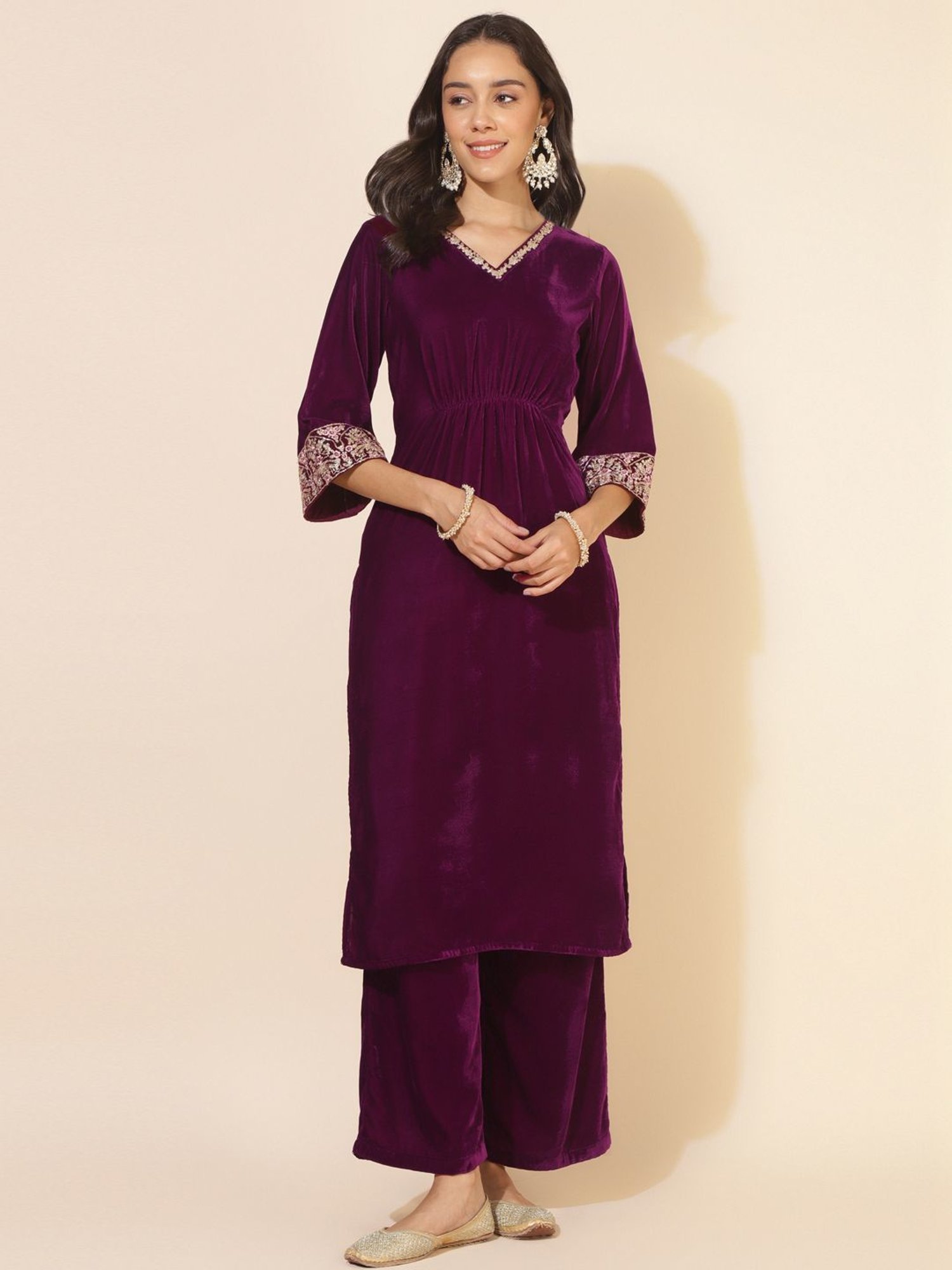 Janasya Purple Embroidered Kurta Palazzo Set