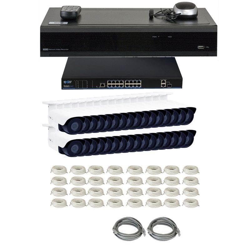 GW 5 Megapixel IP Camera PoE System, 8 Channel H.265 HEVC NVR w/ 4K Output, 8 x 5MP Full HD (2592 x 1920p) Digital WDR Power Over Ethernet Water Proof 130 Ft Night Vision Bullet IP Camera (2TB HDD)