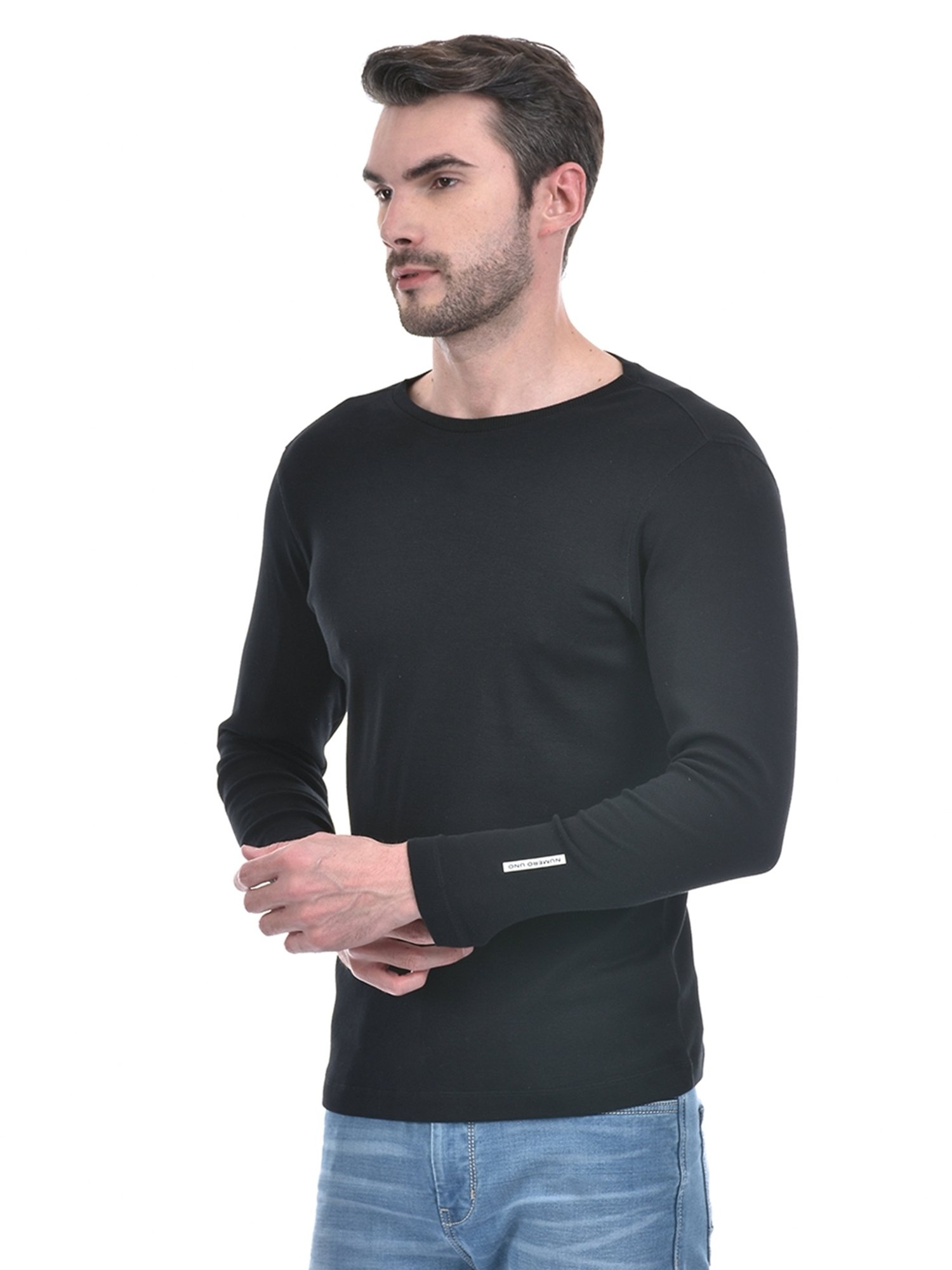 NUMERO UNO Black Slim Fit Solid Round Neck Brushed Fleece T-Shirt