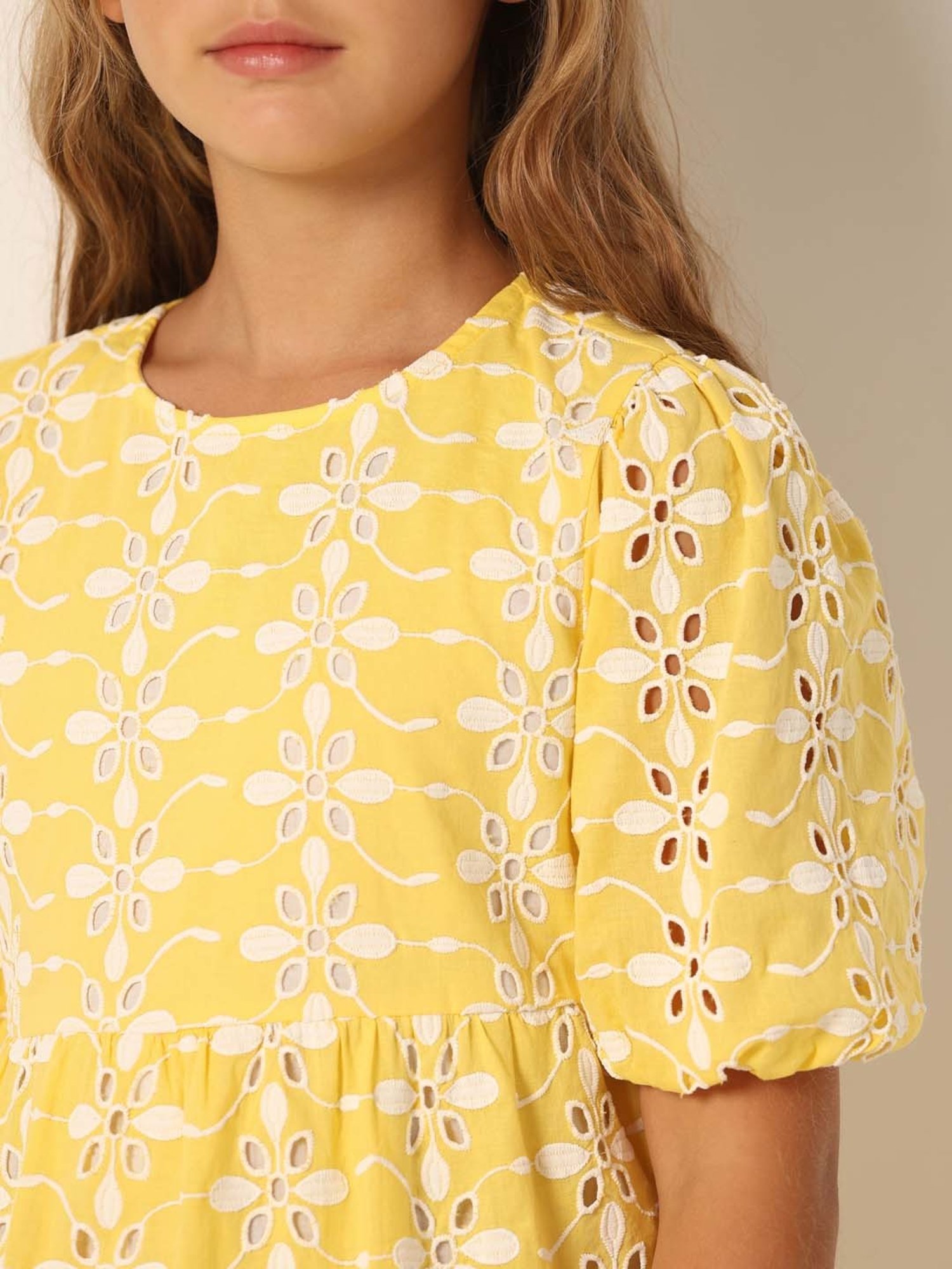 VERO MODA GIRL Yellow & White Cotton Embroidered Dress