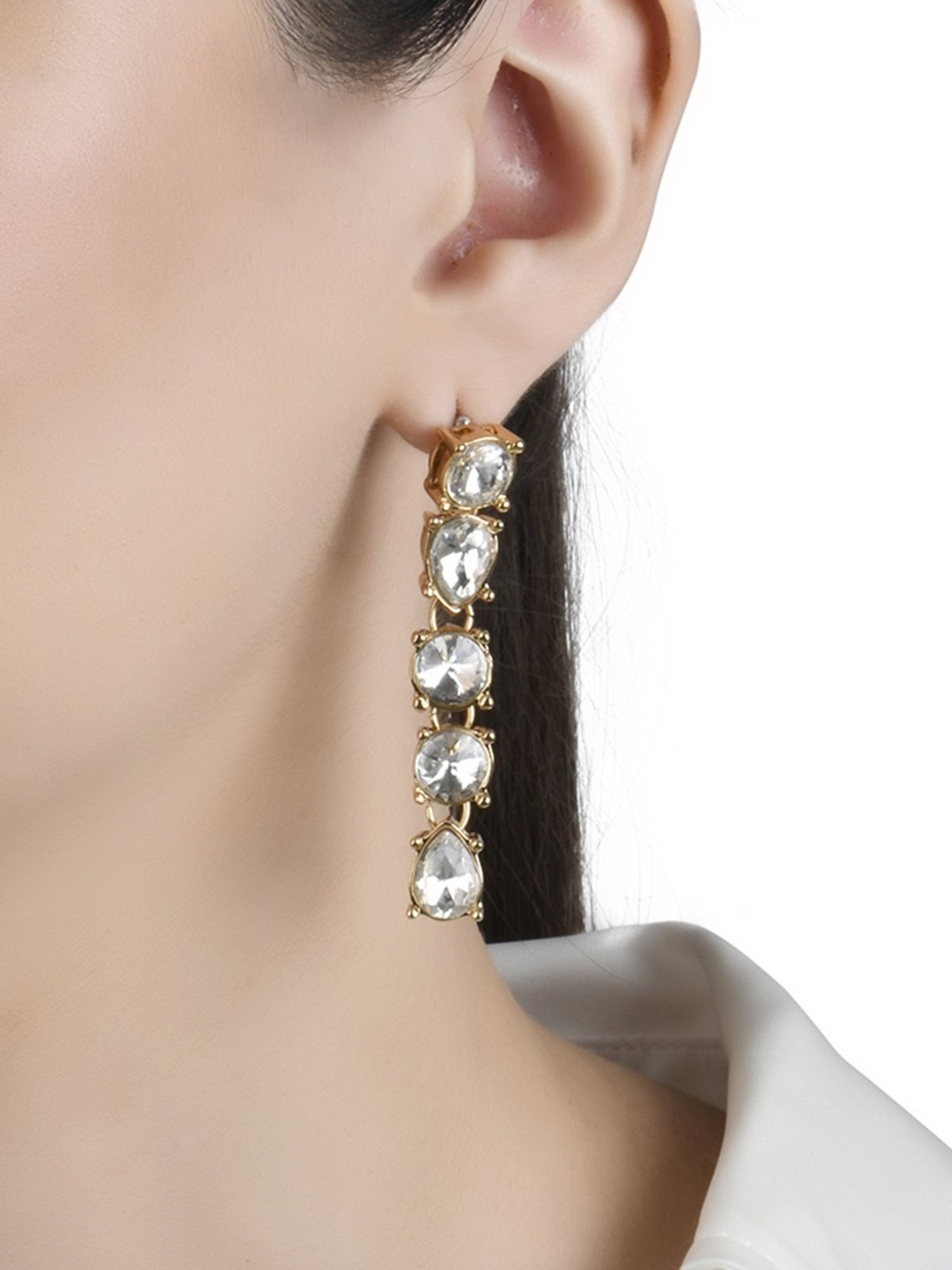 Lilly & Sparkle Gold-Toned White Stone Studded Statement Drop Earrings
