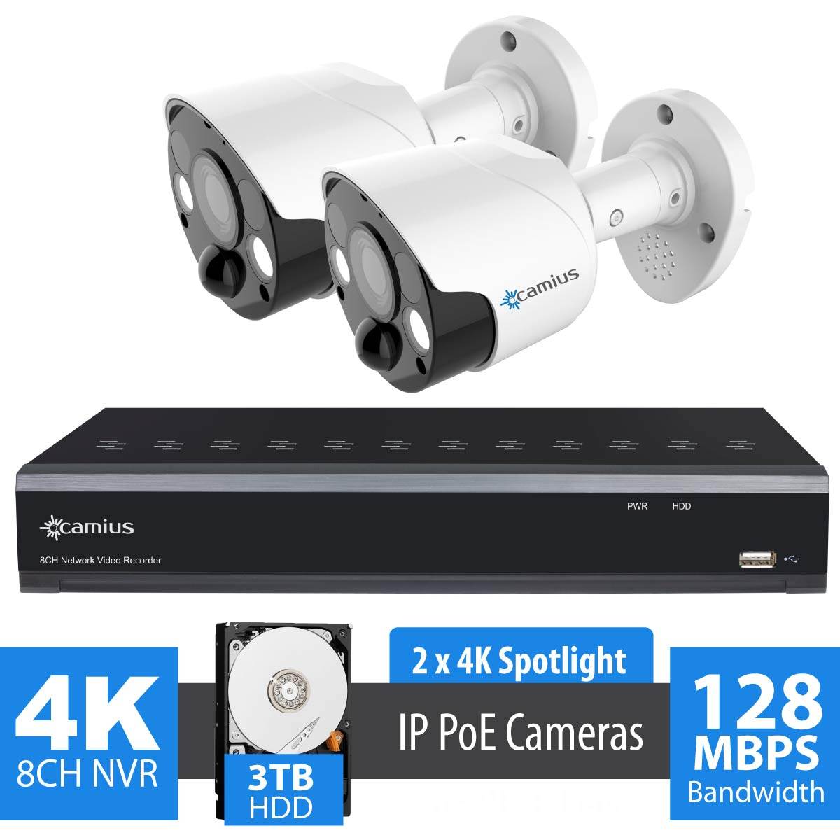 Camius 8 Channel NVR security system w/ 3TB HDD, Two 8MP Wired PoE Spotlight Security Camera Bullets - 3840x2160, color night vision, 2-way audio, siren, PIR, Intelligent detection 8P2S83T