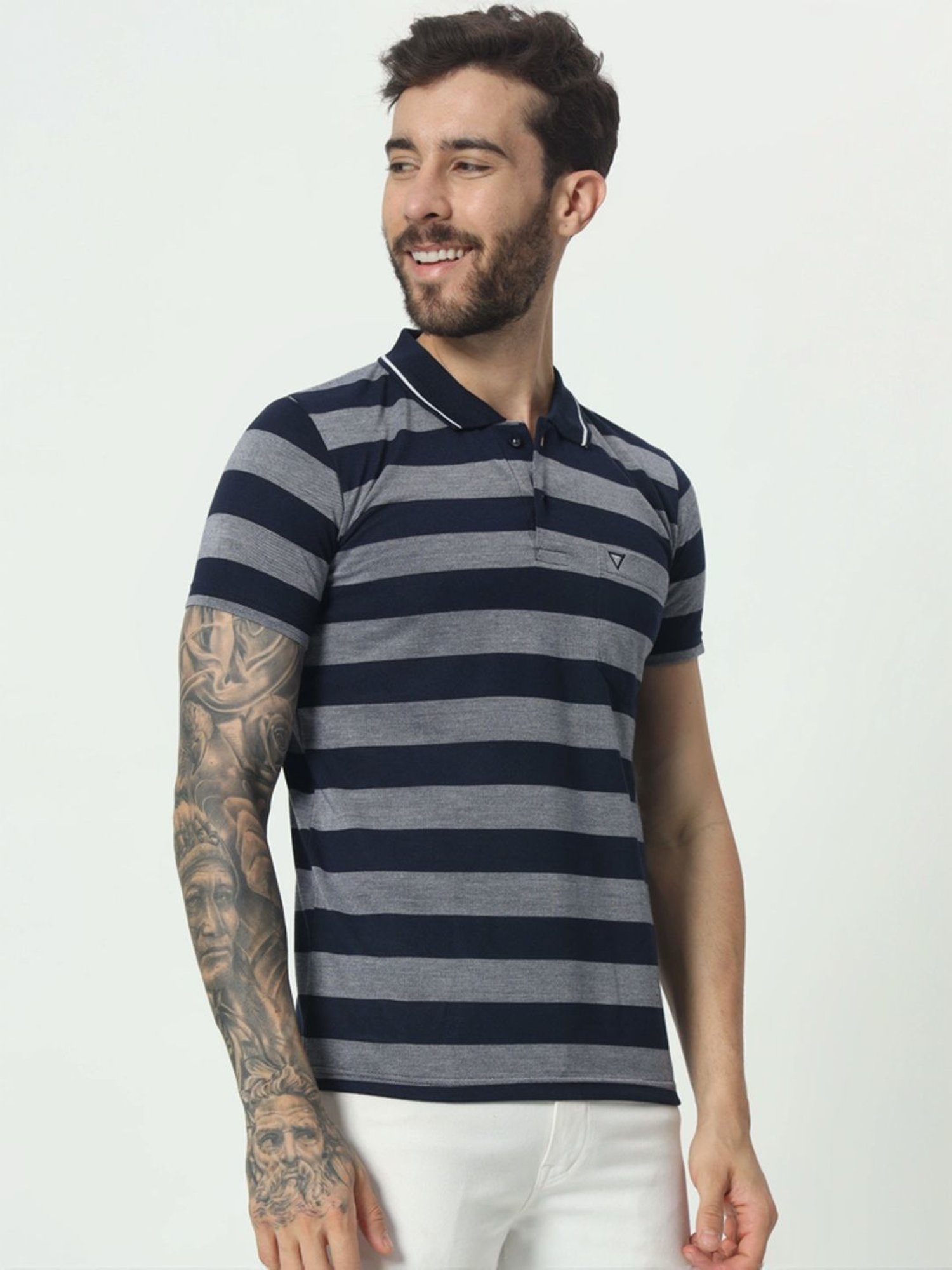 Tab91 Blue Regular Fit Striped Polo T-Shirts